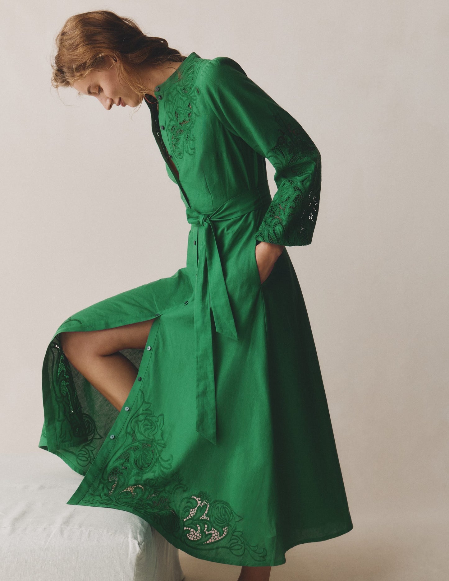 Mae Linen Blend Shirt Dress-Highland Green