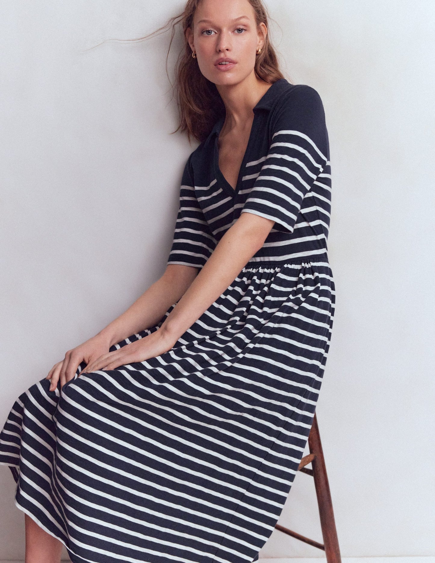Aria Collared Jersey Dress-Navy, Ivory Stripe