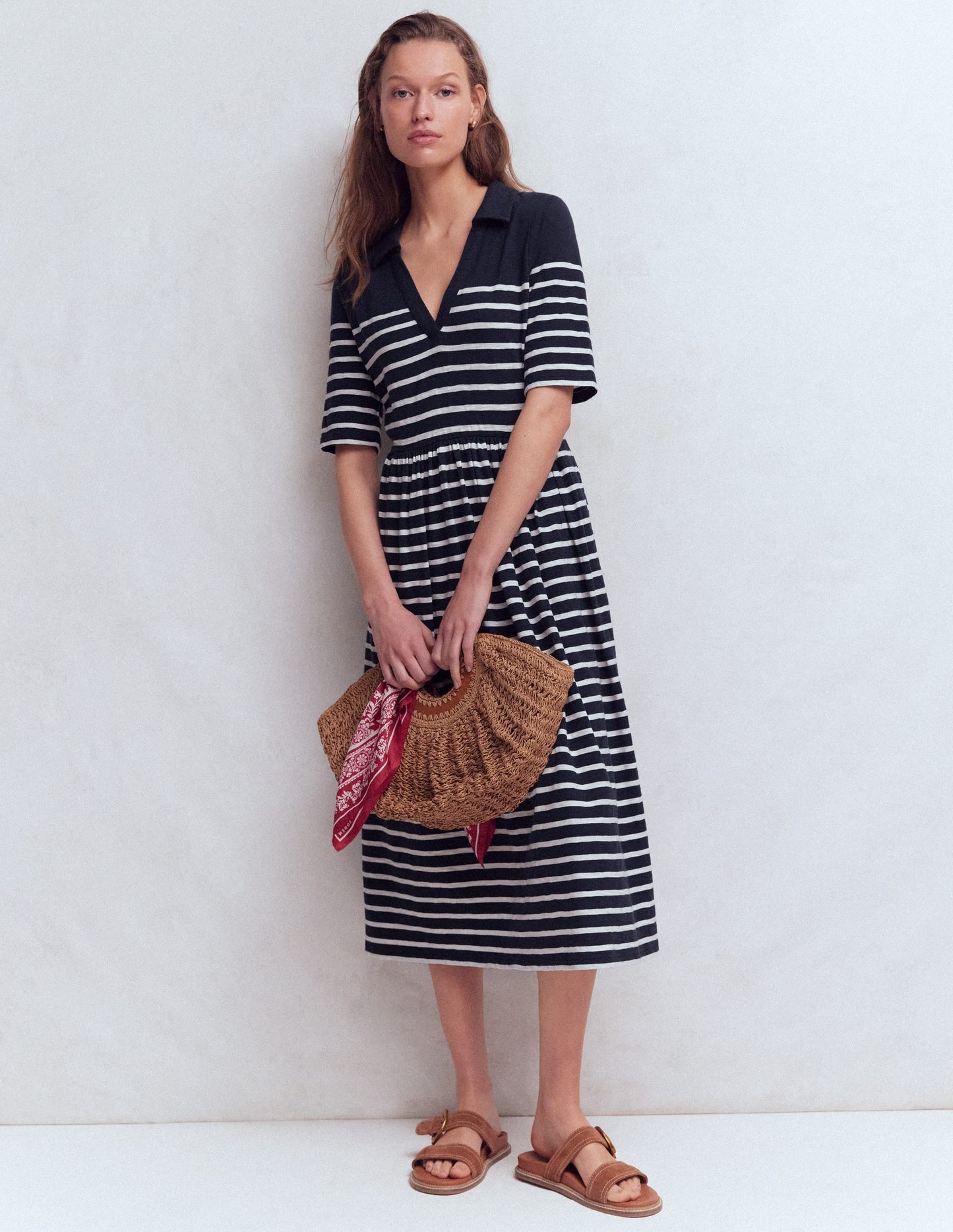 Aria Collared Jersey Dress-Navy, Ivory Stripe