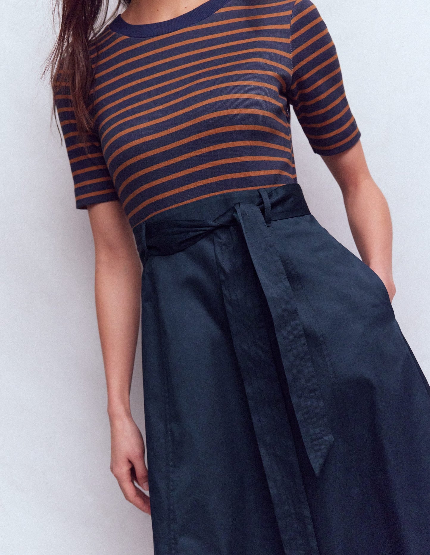 Crew Neck Mix Media Dress-Navy and Gingerbread Stripe