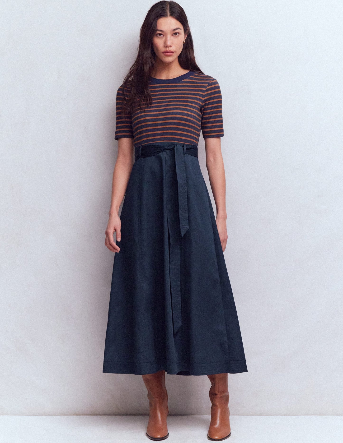 Crew Neck Mix Media Dress-Navy and Gingerbread Stripe