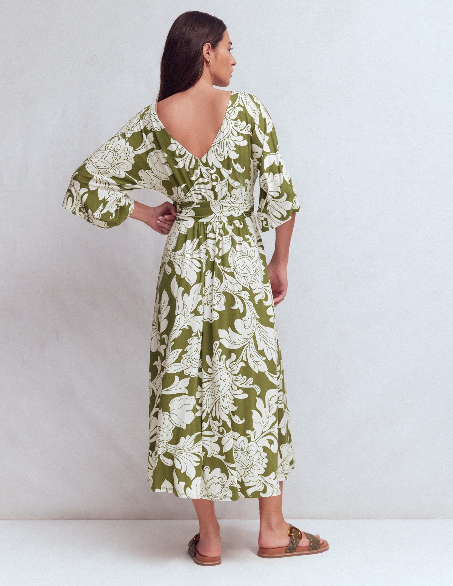 Imelda Kimono Jersey Dress-Olive, Botanical Flourish Mono