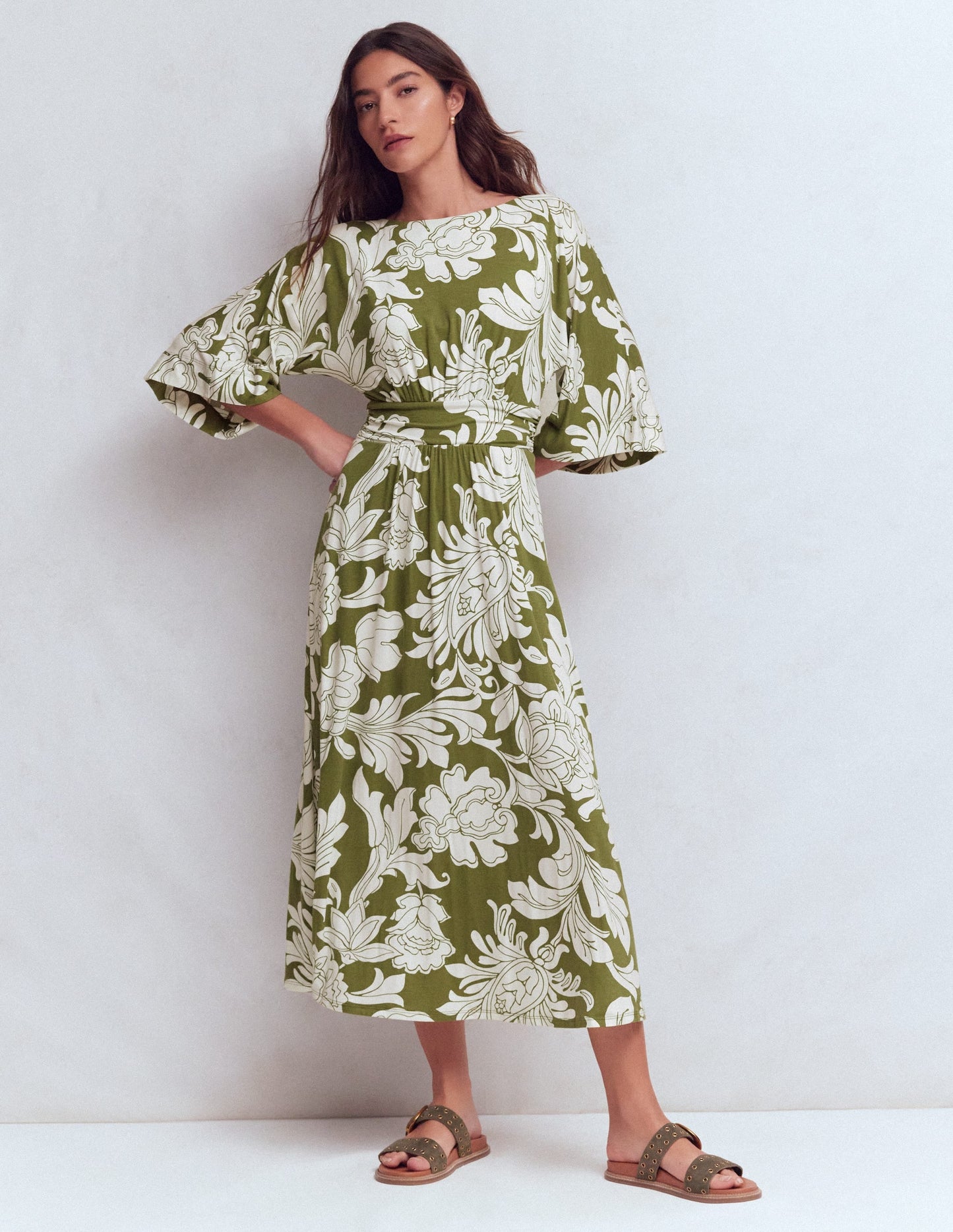 Imelda Kimono Jersey Dress-Olive, Botanical Flourish Mono