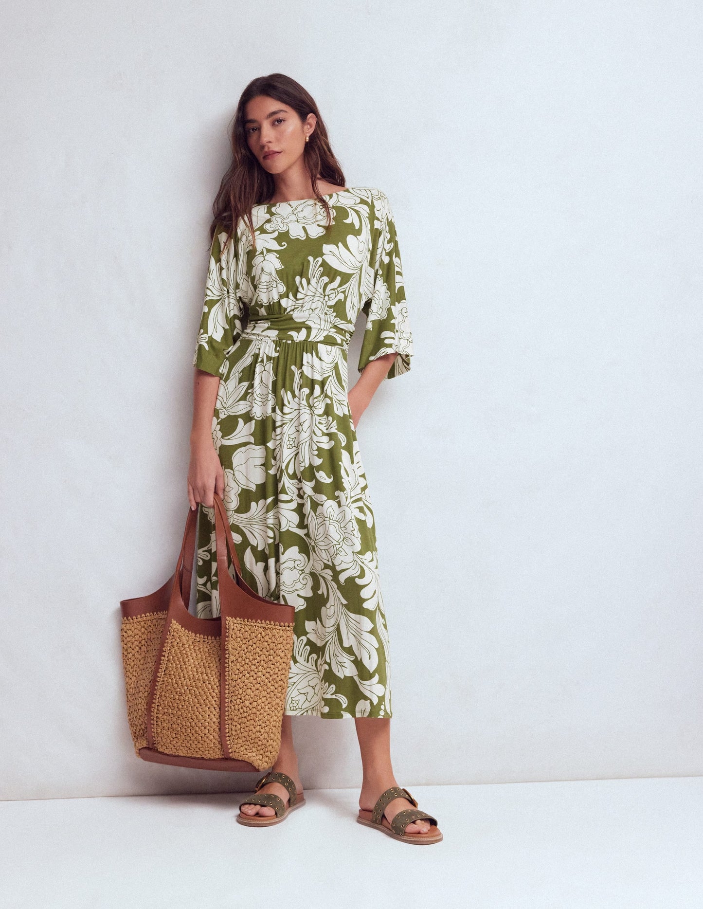 Imelda Kimono Jersey Dress-Olive, Botanical Flourish Mono