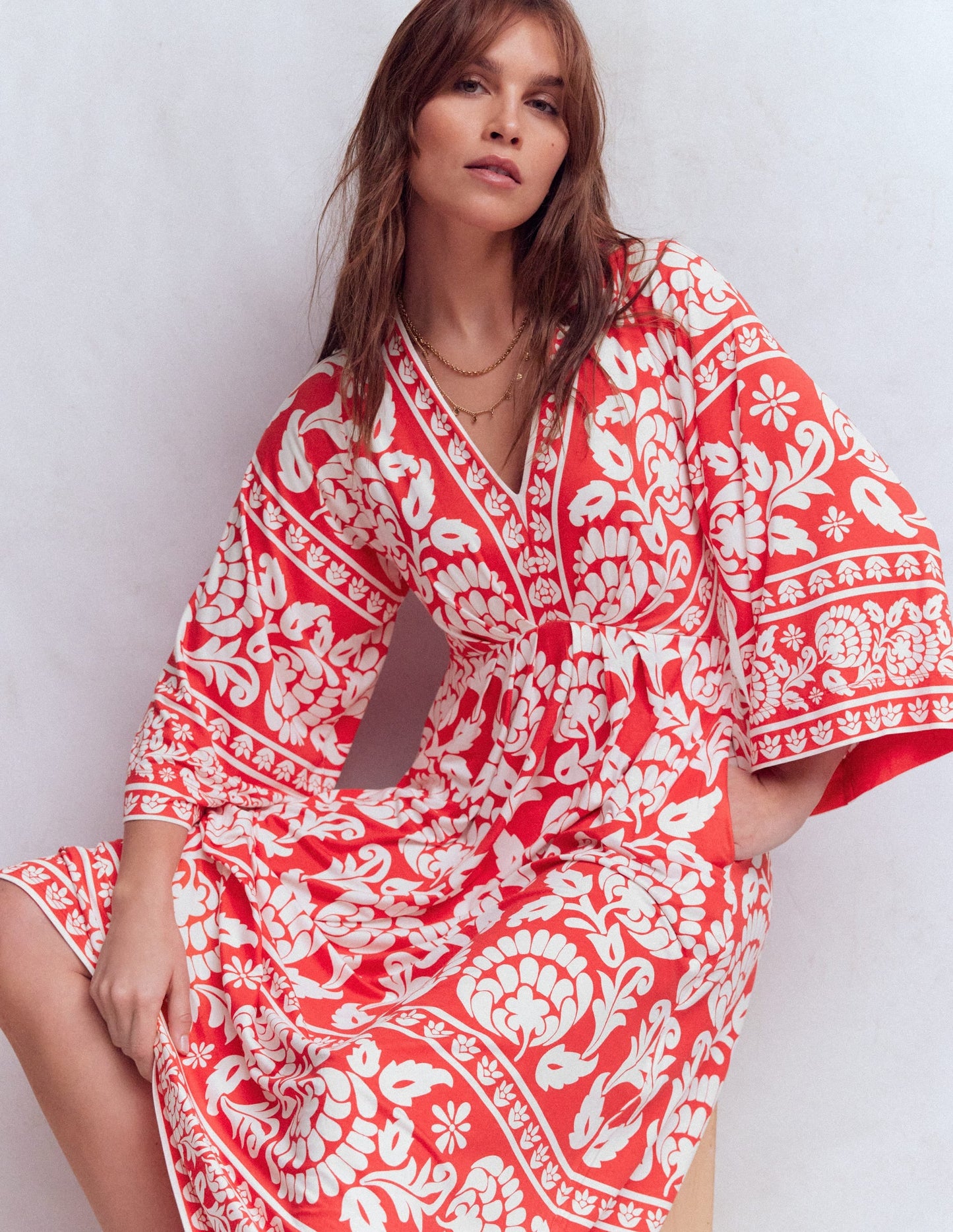 Nell Kimono Midi Jersey Dress-Bright Cherry, Ornate Floret