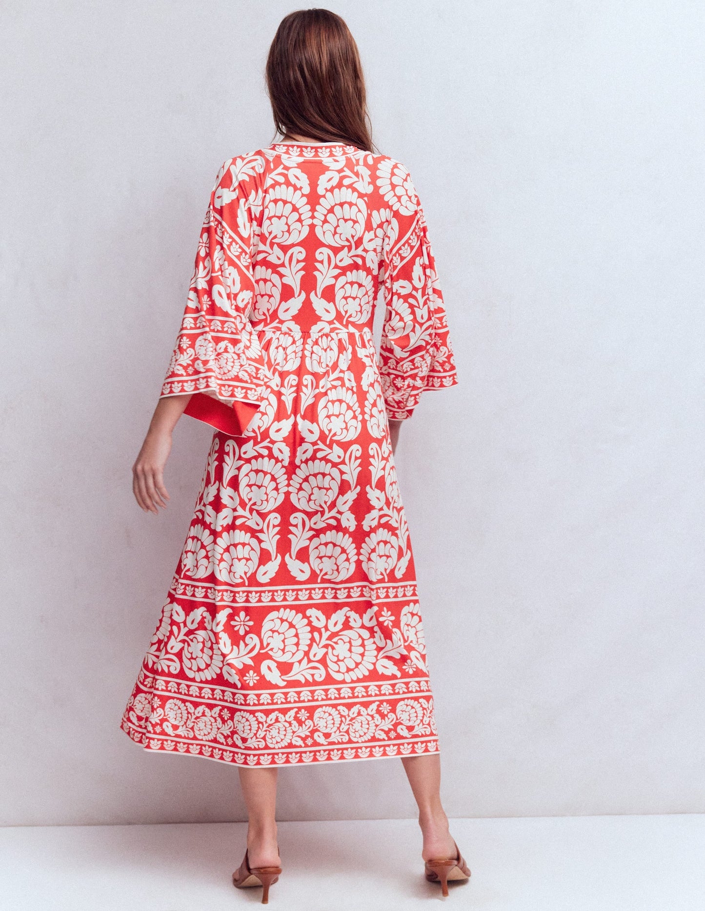 Nell Kimono Midi Jersey Dress-Bright Cherry, Ornate Floret