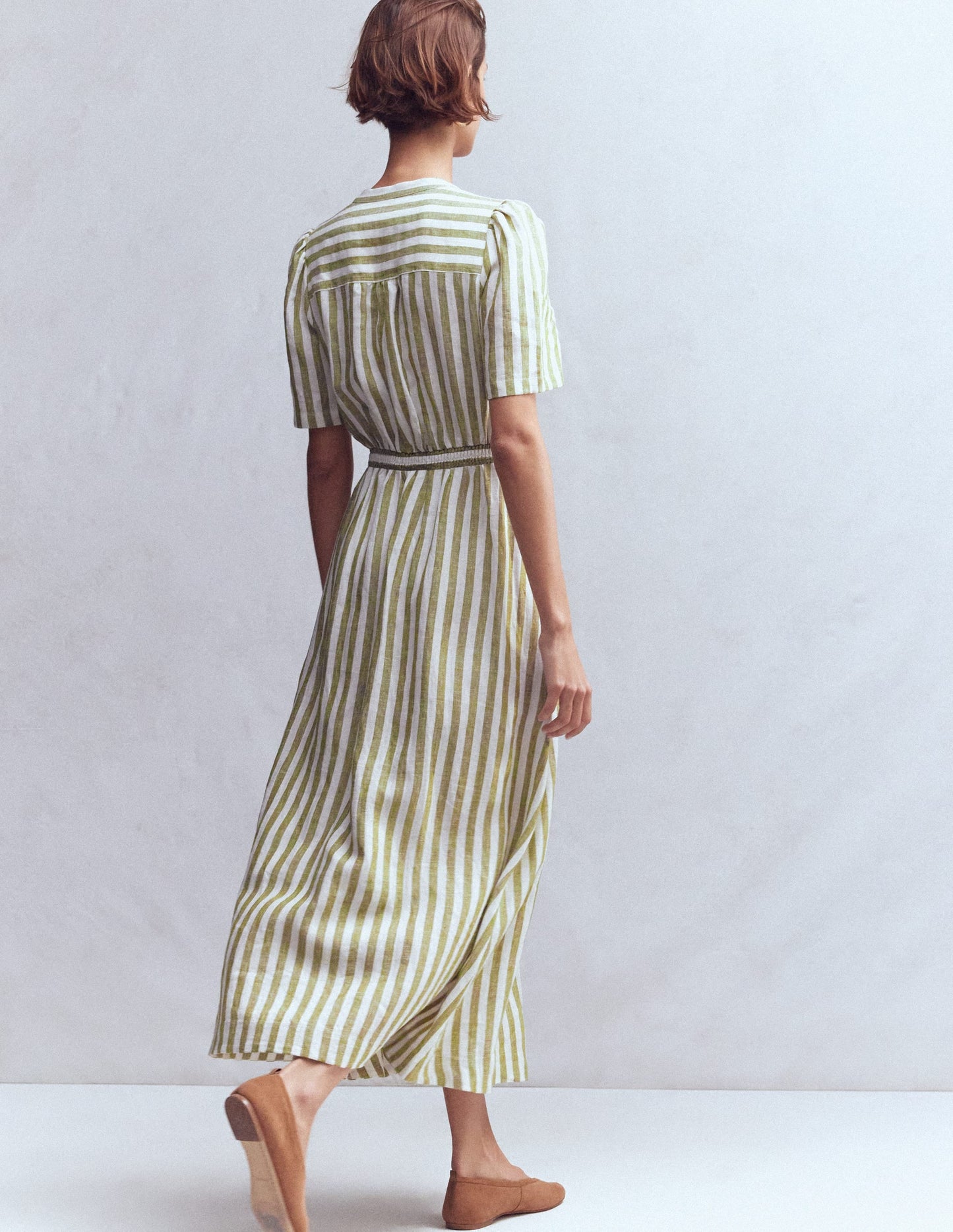 Ivy Button Linen Midi Dress-Olive, Ivory Stripe