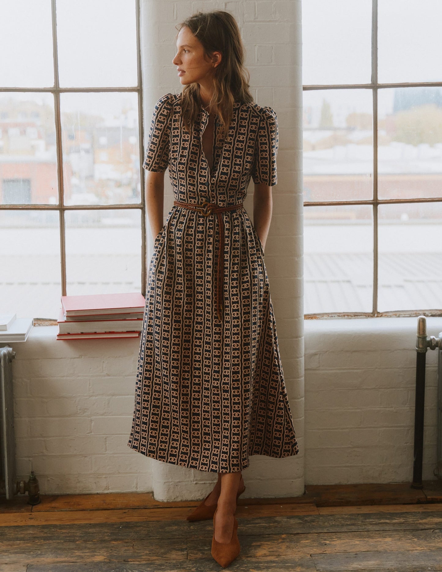 Ivy Button Linen Midi Dress-French Navy, Rope Trellis