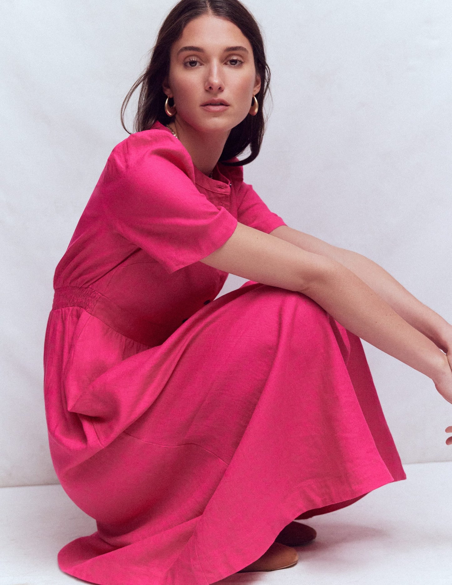 Ivy Button Linen Midi Dress-Pink Peony