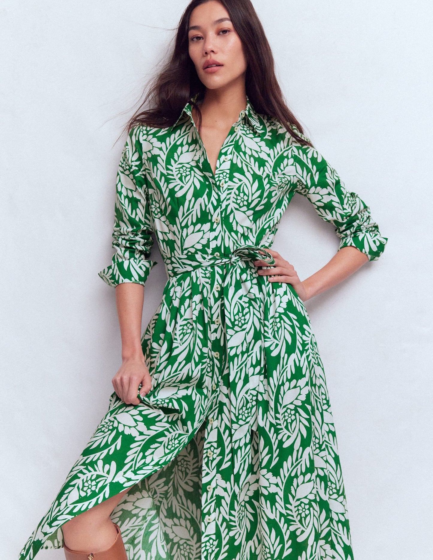 Alexa Cotton Midi Shirt Dress-Fresh Green, Scattered Vine
