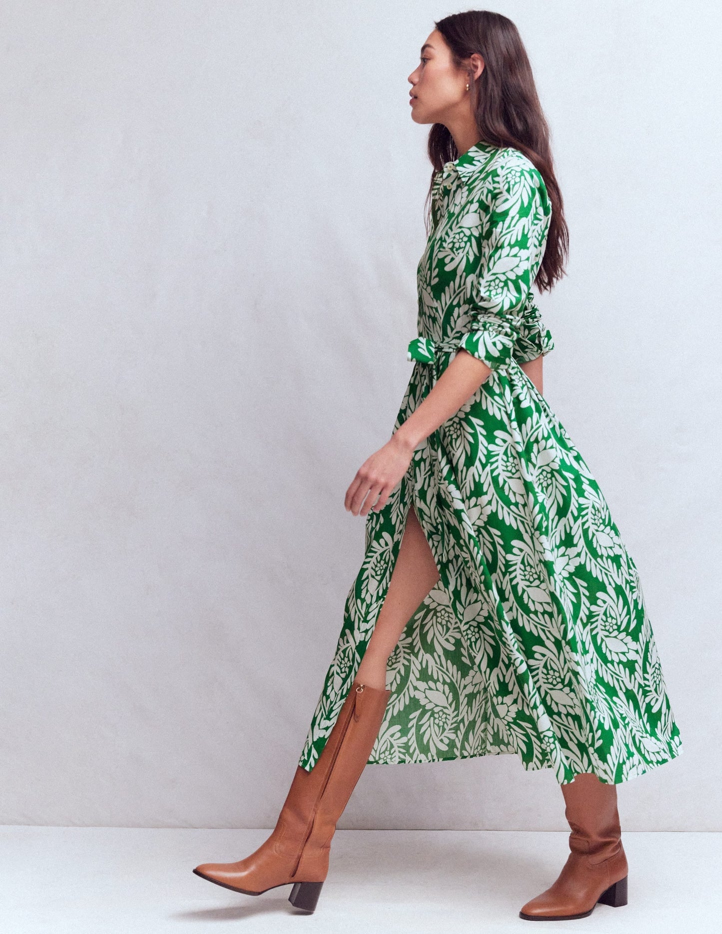 Alexa Cotton Midi Shirt Dress-Fresh Green, Scattered Vine