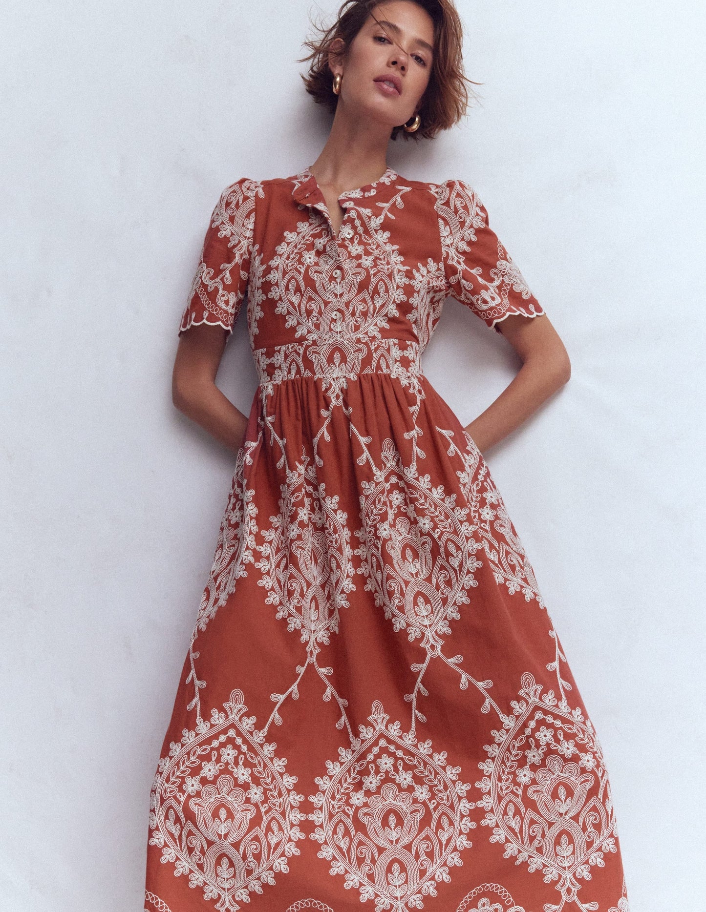 Ivy Button Cotton Midi Dress-Rust Embroidery