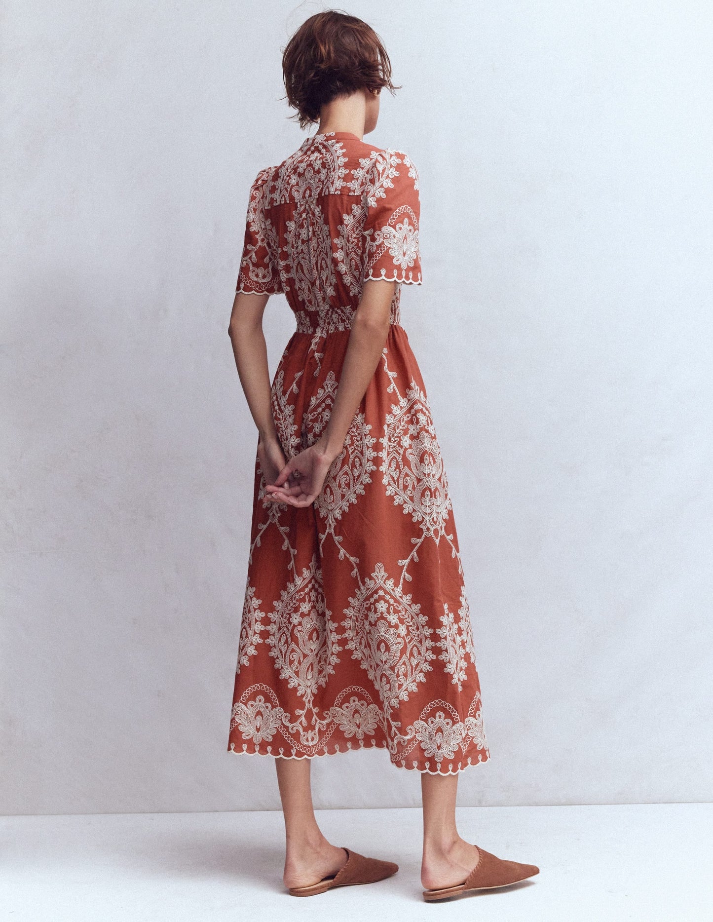 Ivy Button Cotton Midi Dress-Rust Embroidery