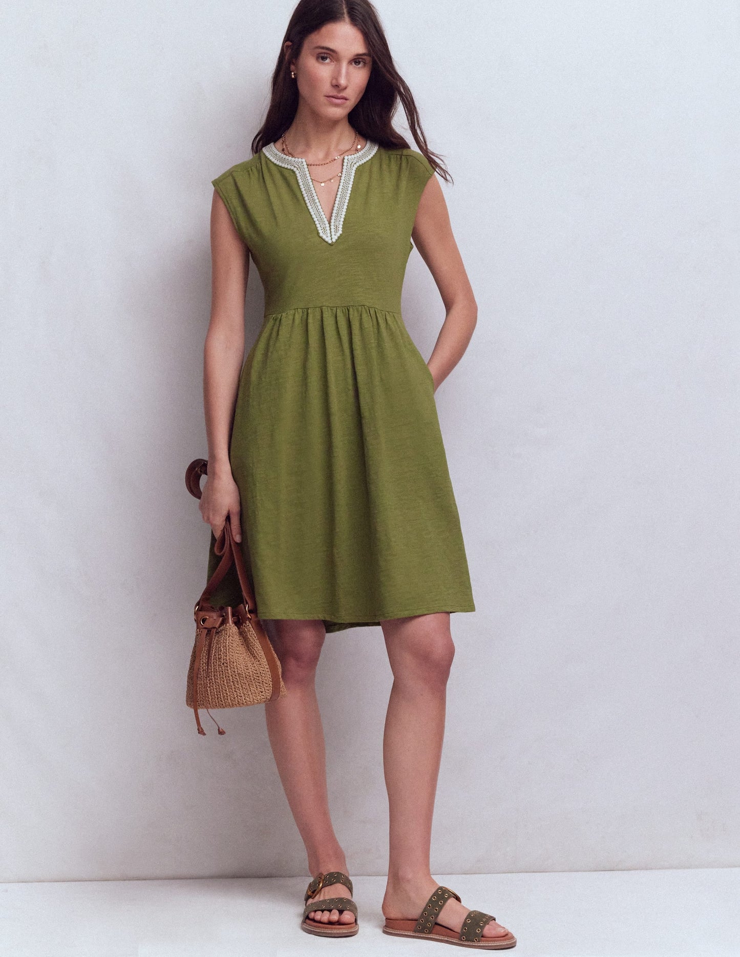 May Embroidered Short Dress-Olive