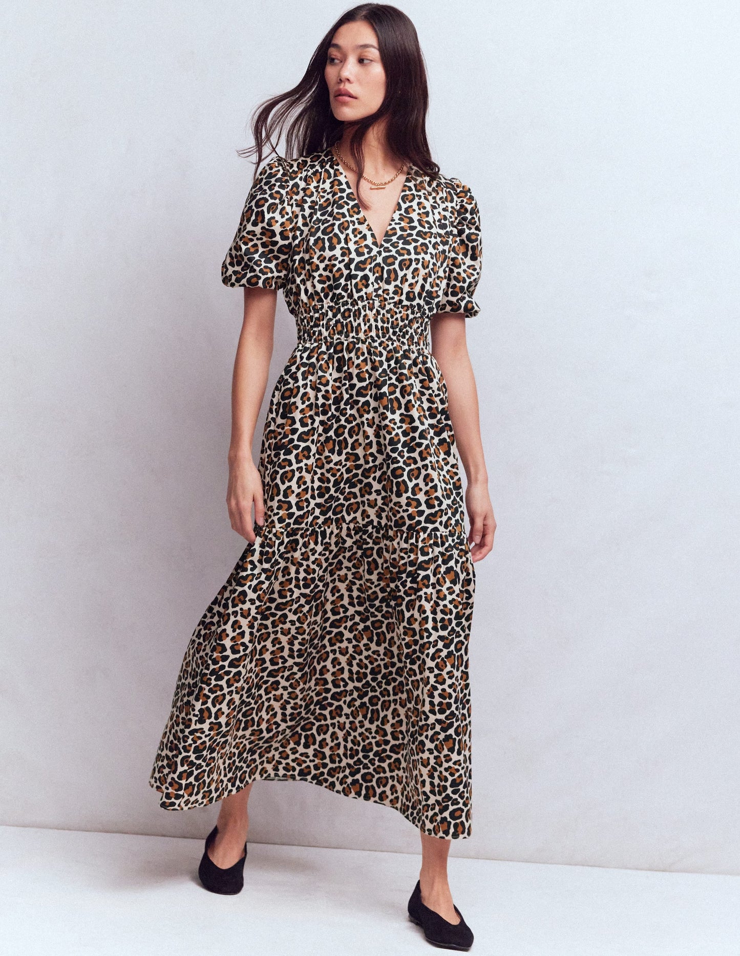 Irene Puff Sleeve Cotton Dress-Almond Milk, Cheetah Pop