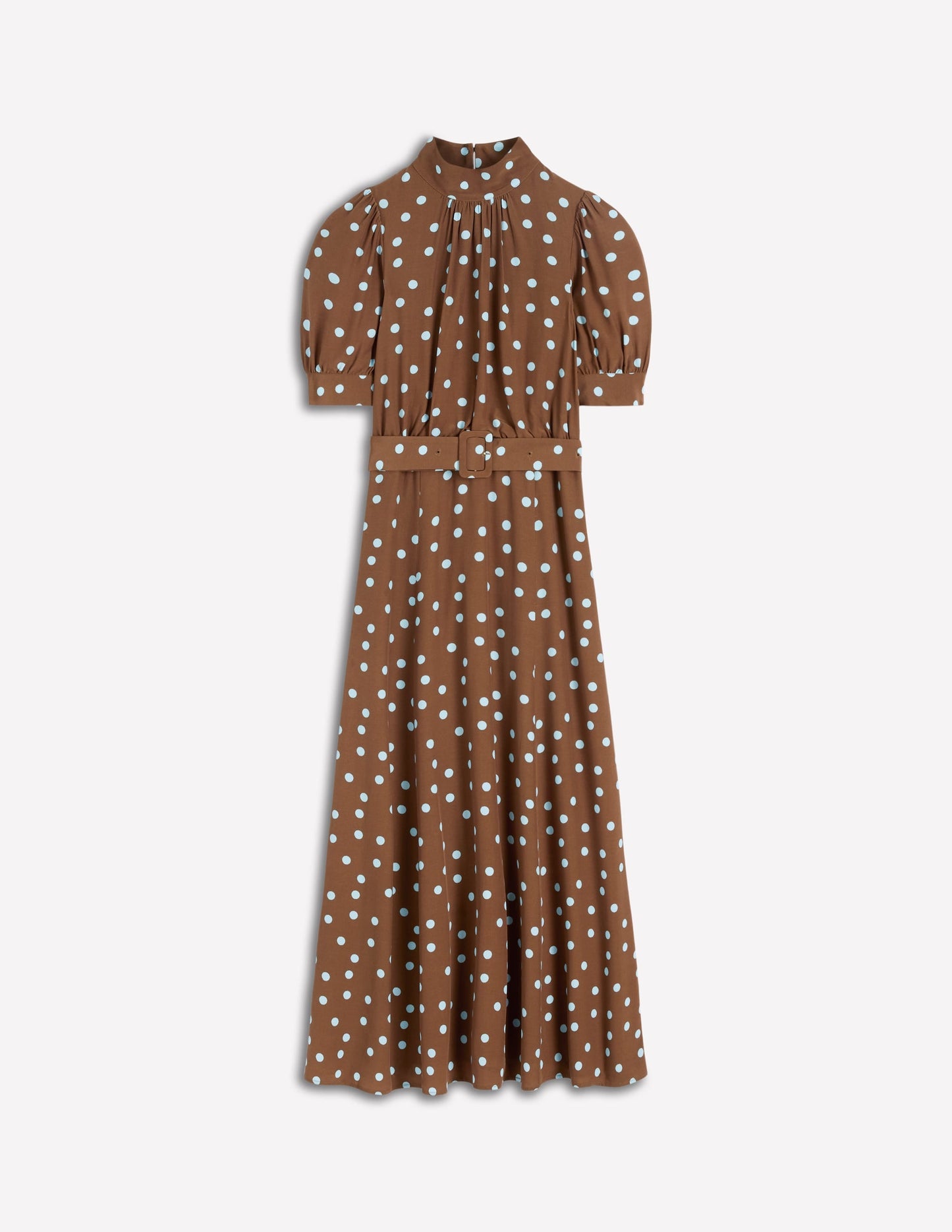 High Neck Belted Dress-Raw Umber, Painted Dot