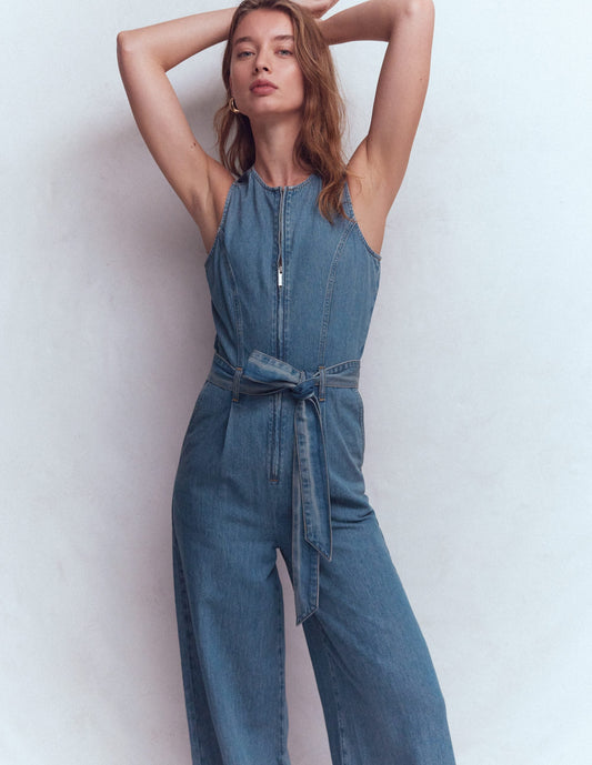 Sleeveless Denim Jumpsuit-Mid Vintage Wash