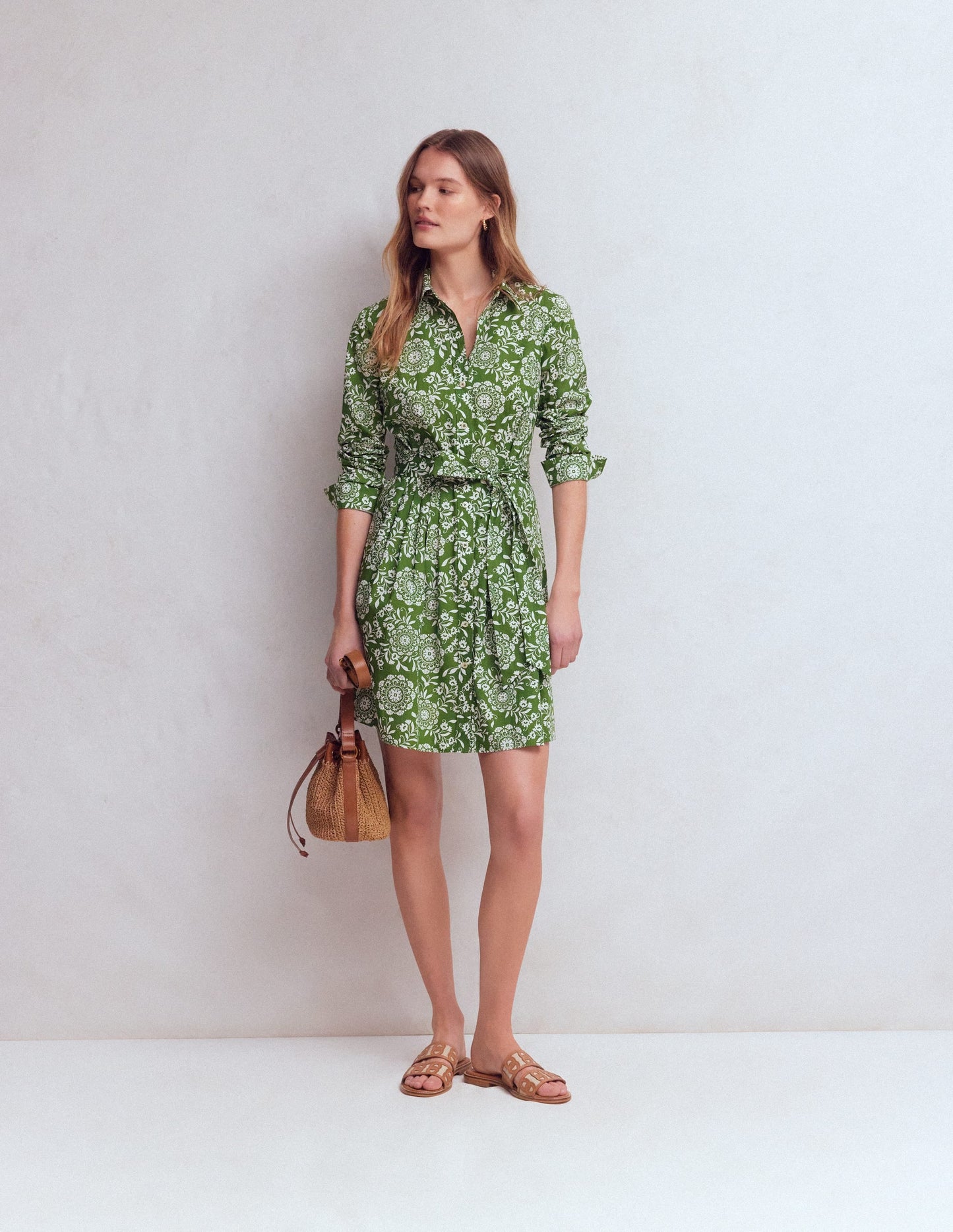 Alexa Long Sleeve Short Dress-Green, Decorative Blossom