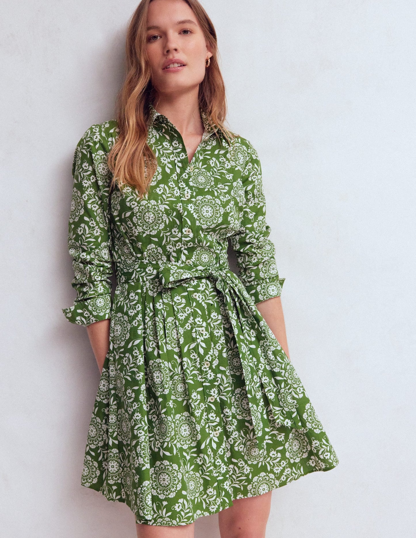 Alexa Long Sleeve Short Dress-Green, Decorative Blossom