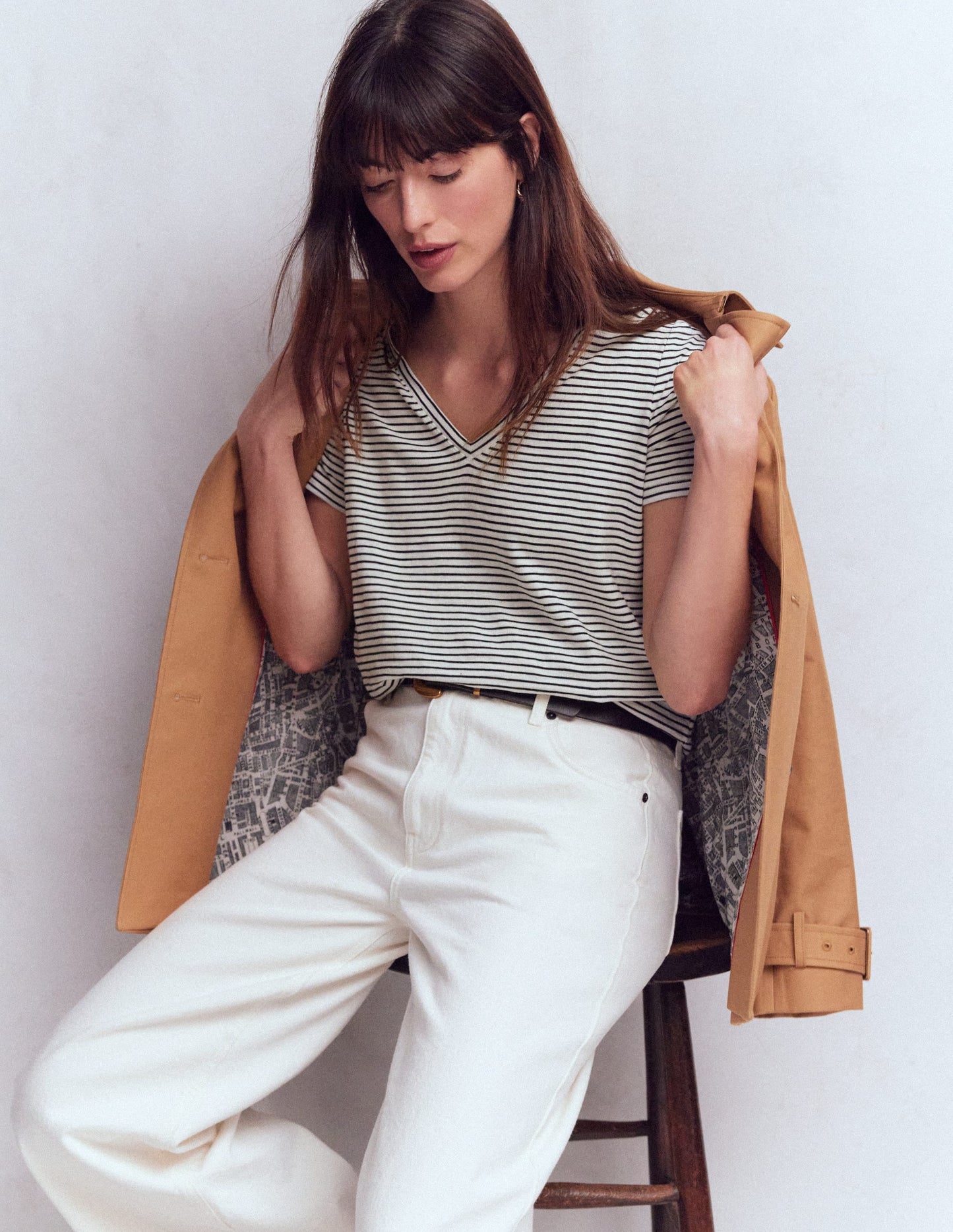 Sophie V-neck Slub T-shirt-Ivory, Navy Stripe