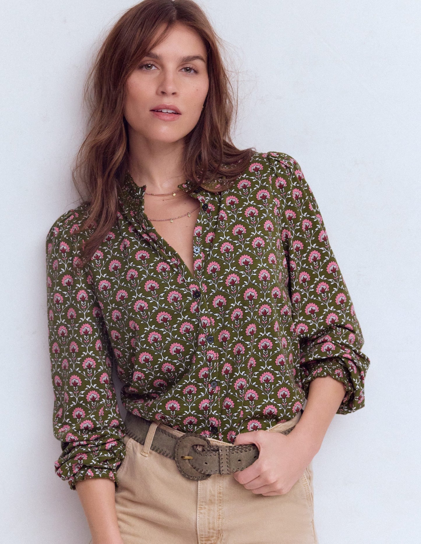 Effie Smocked Detail Shirt-Mayfly, Flower Lattice