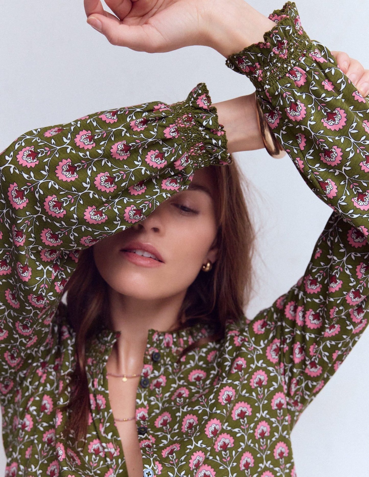Effie Smocked Detail Shirt-Mayfly, Flower Lattice