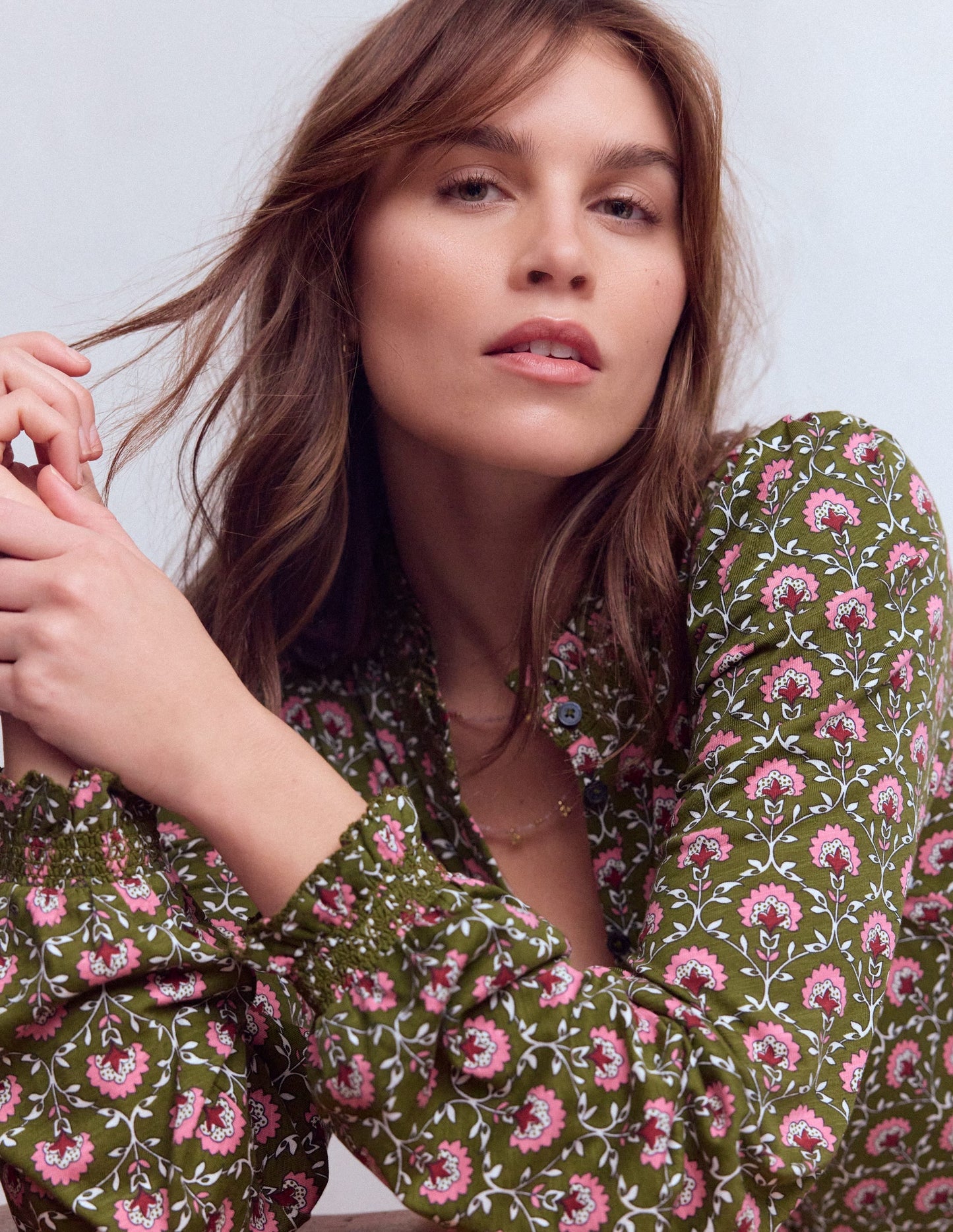 Effie Smocked Detail Shirt-Mayfly, Flower Lattice