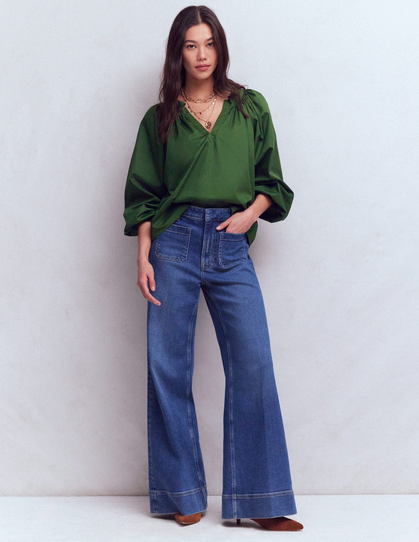 Serena Pleat Neck Top-Green Fir