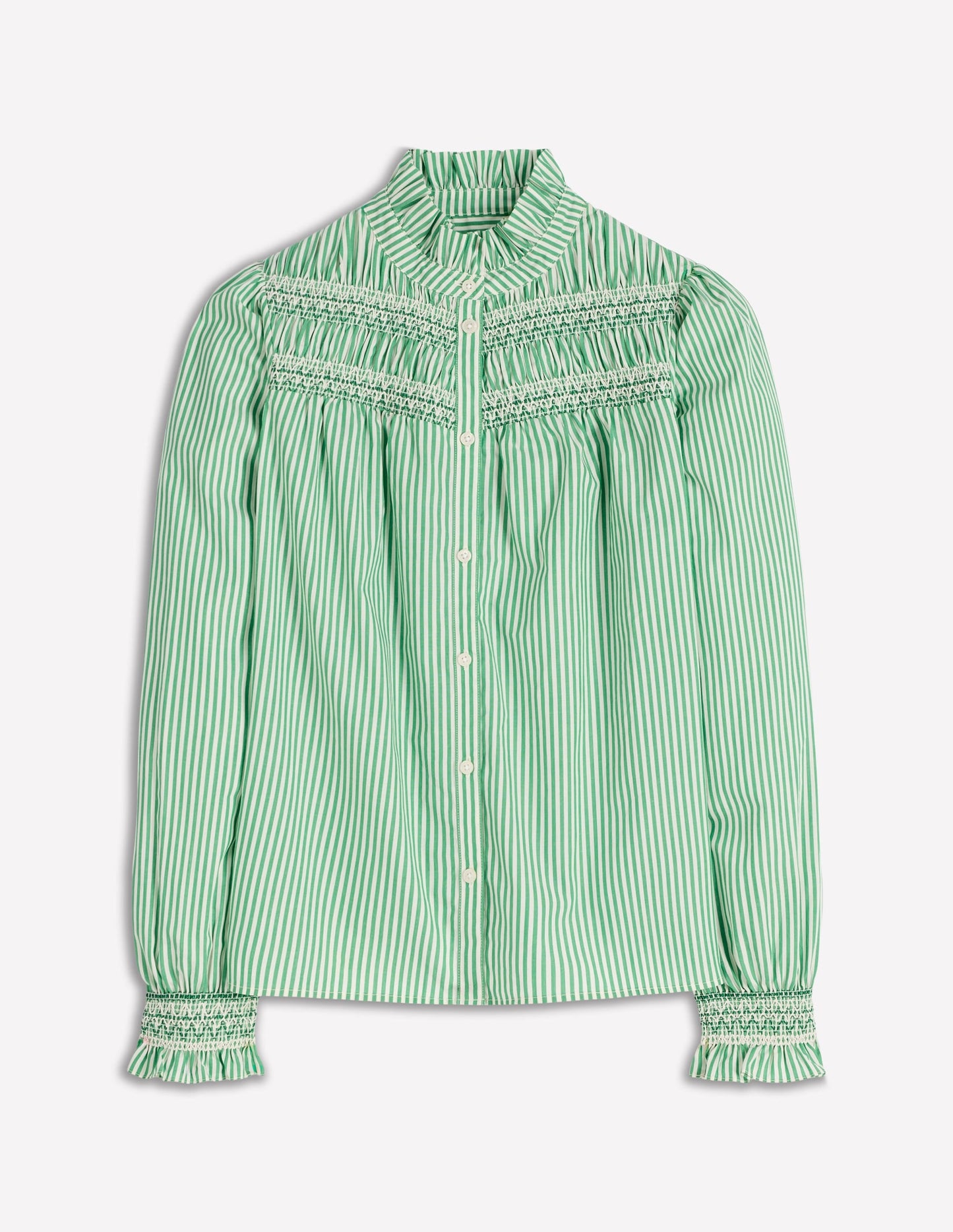 Esme Smocked Detail Frill Top-Highland Green, Ivory Stripe