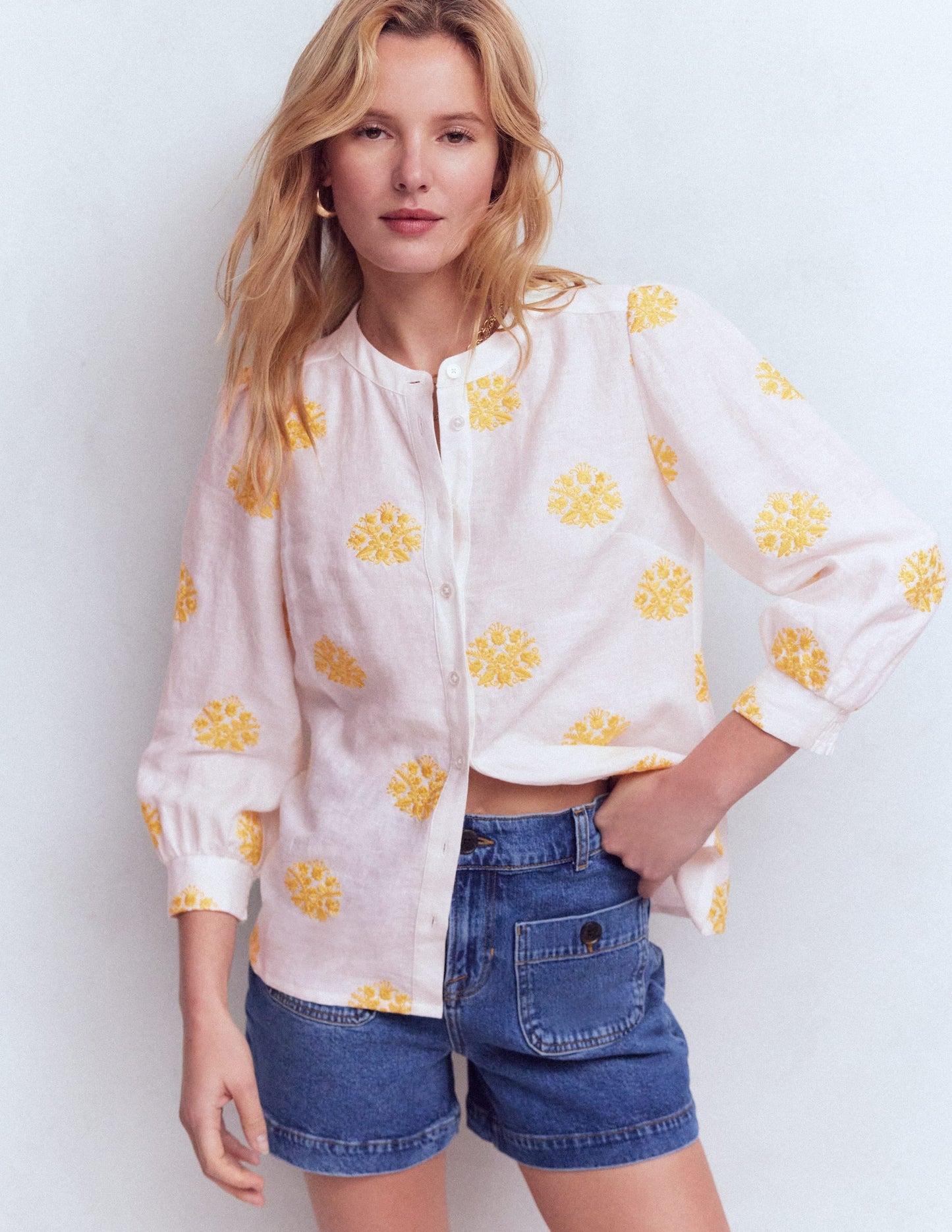 Alicia Linen Top-White, Floral embroidery