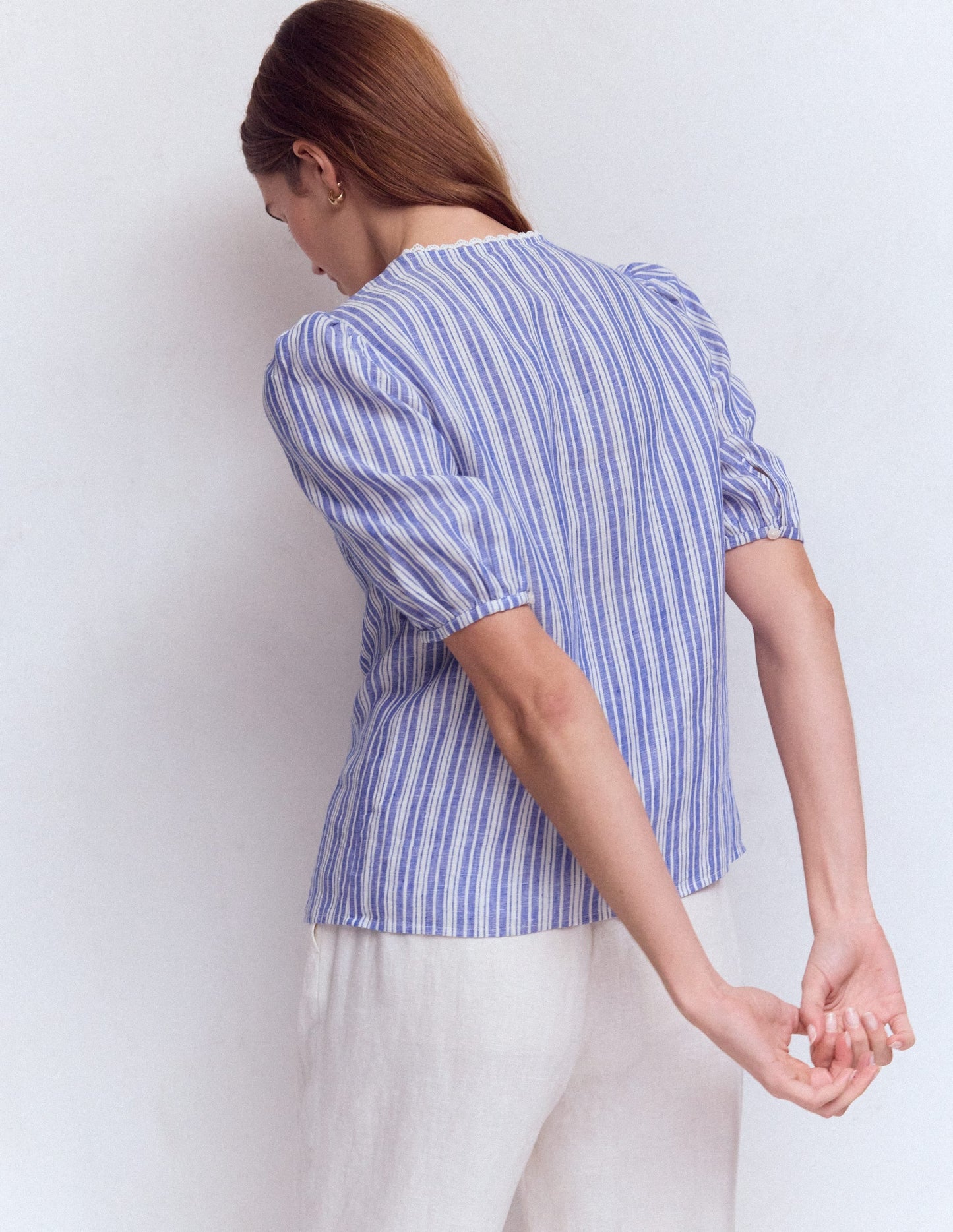 Leah Short Sleeve Linen Top-Bright Blue Varigated Stripe