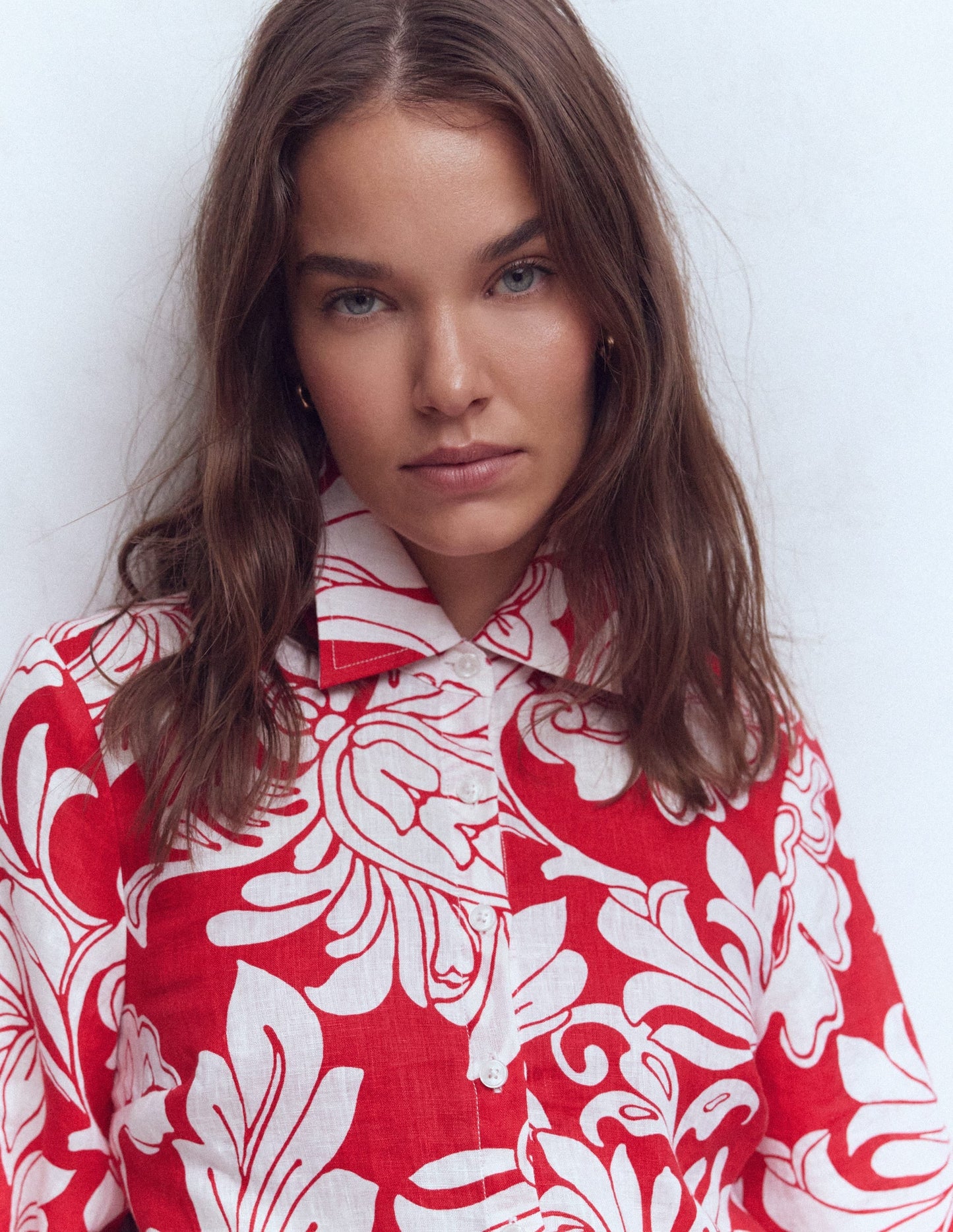 Puff Sleeve Linen Shirt-Merida Red, Botanical Flourish