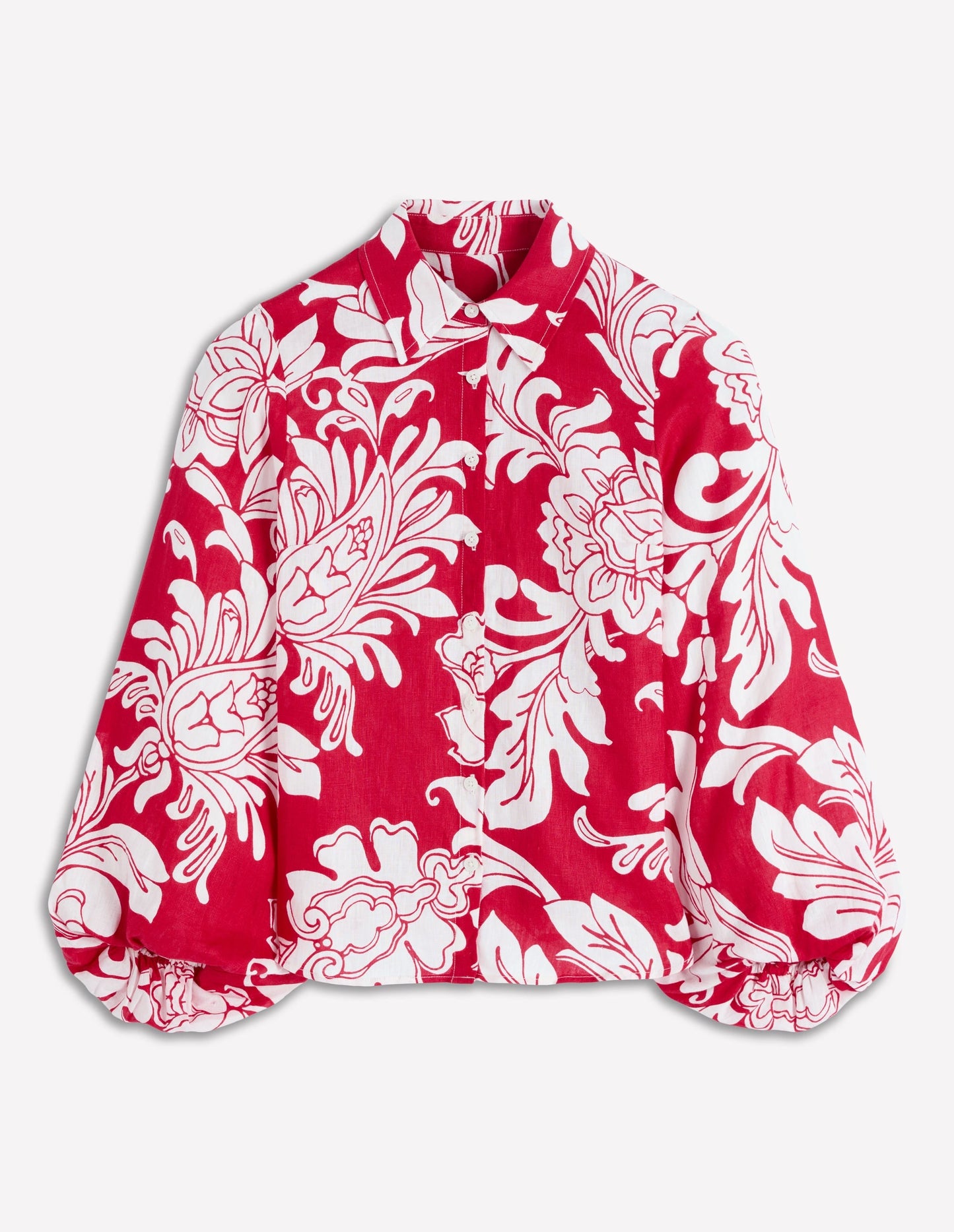 Puff Sleeve Linen Shirt-Merida Red, Botanical Flourish