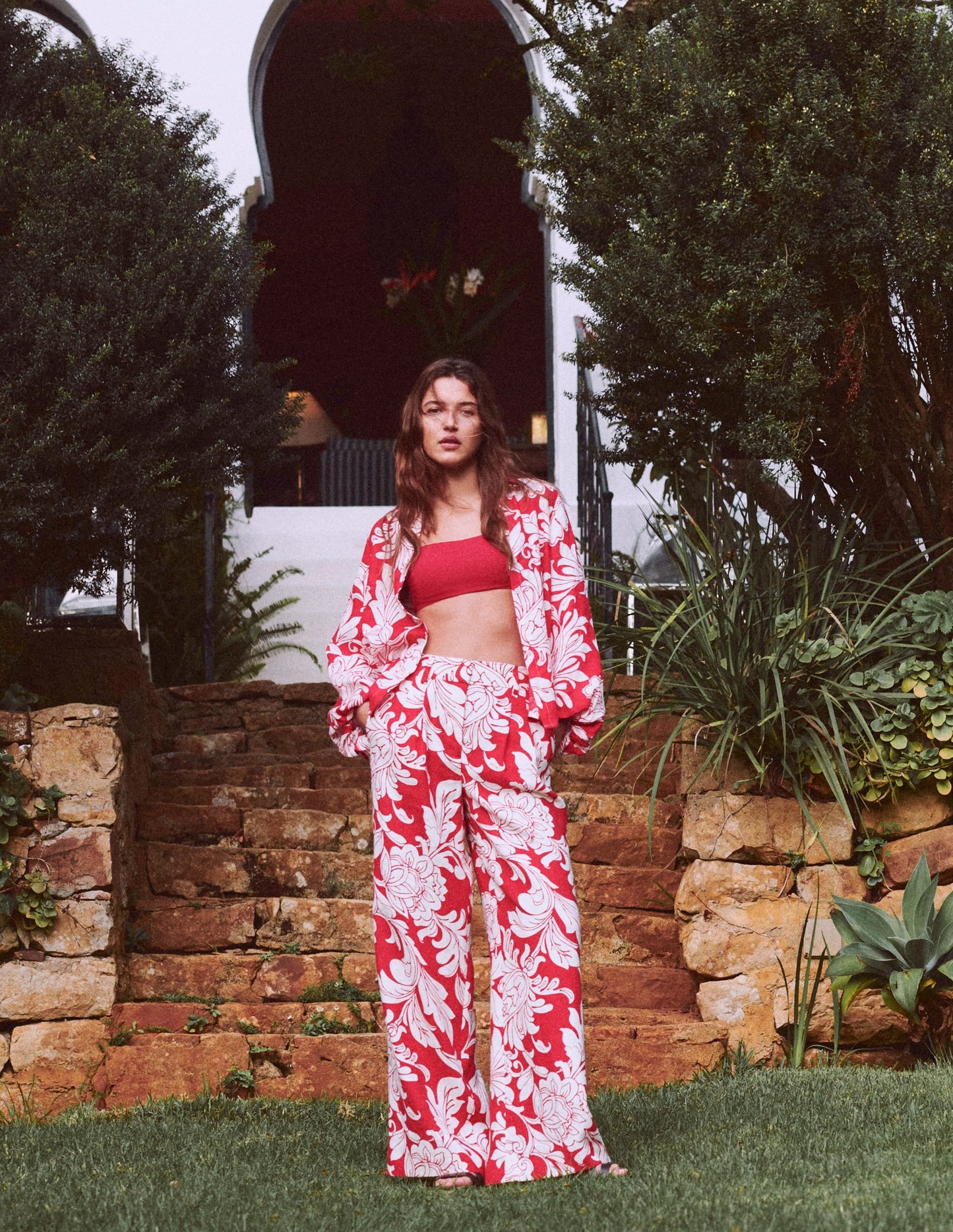Puff Sleeve Linen Shirt-Merida Red, Botanical Flourish