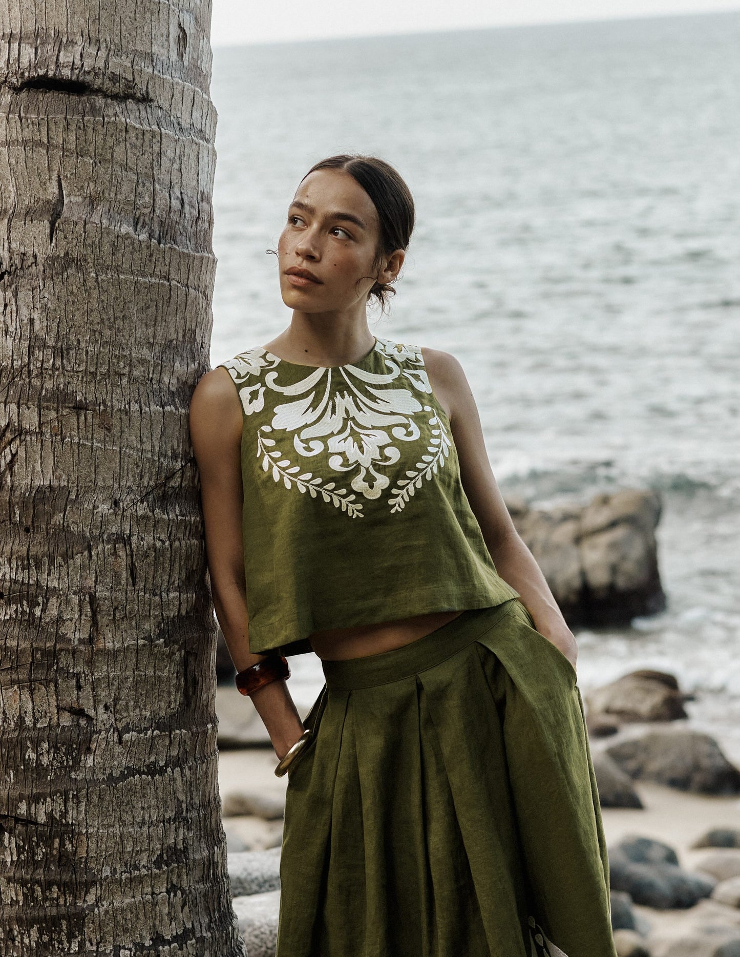 Sofia Embroidered Linen Top-Woodland Green