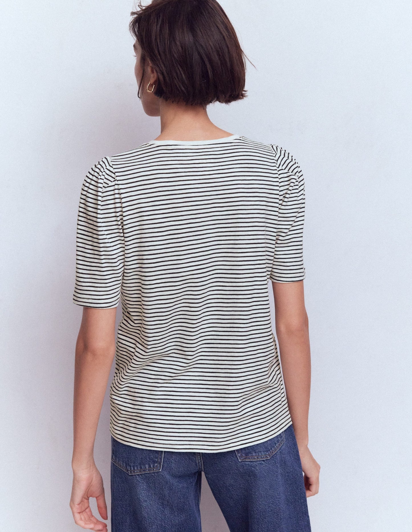 Sophie Puff Sleeve T-shirt-Navy and Ivory Stripe
