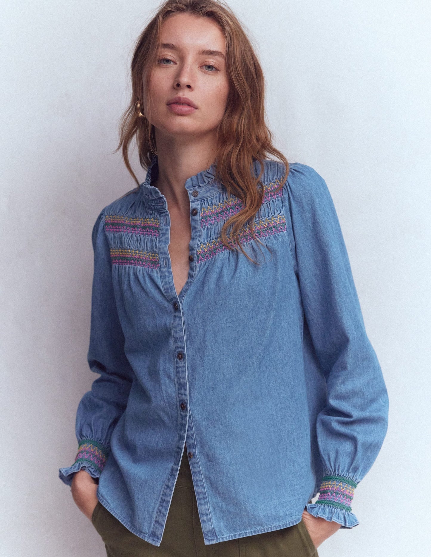 Esme Smocked Denim Frill Top-Light Authentic