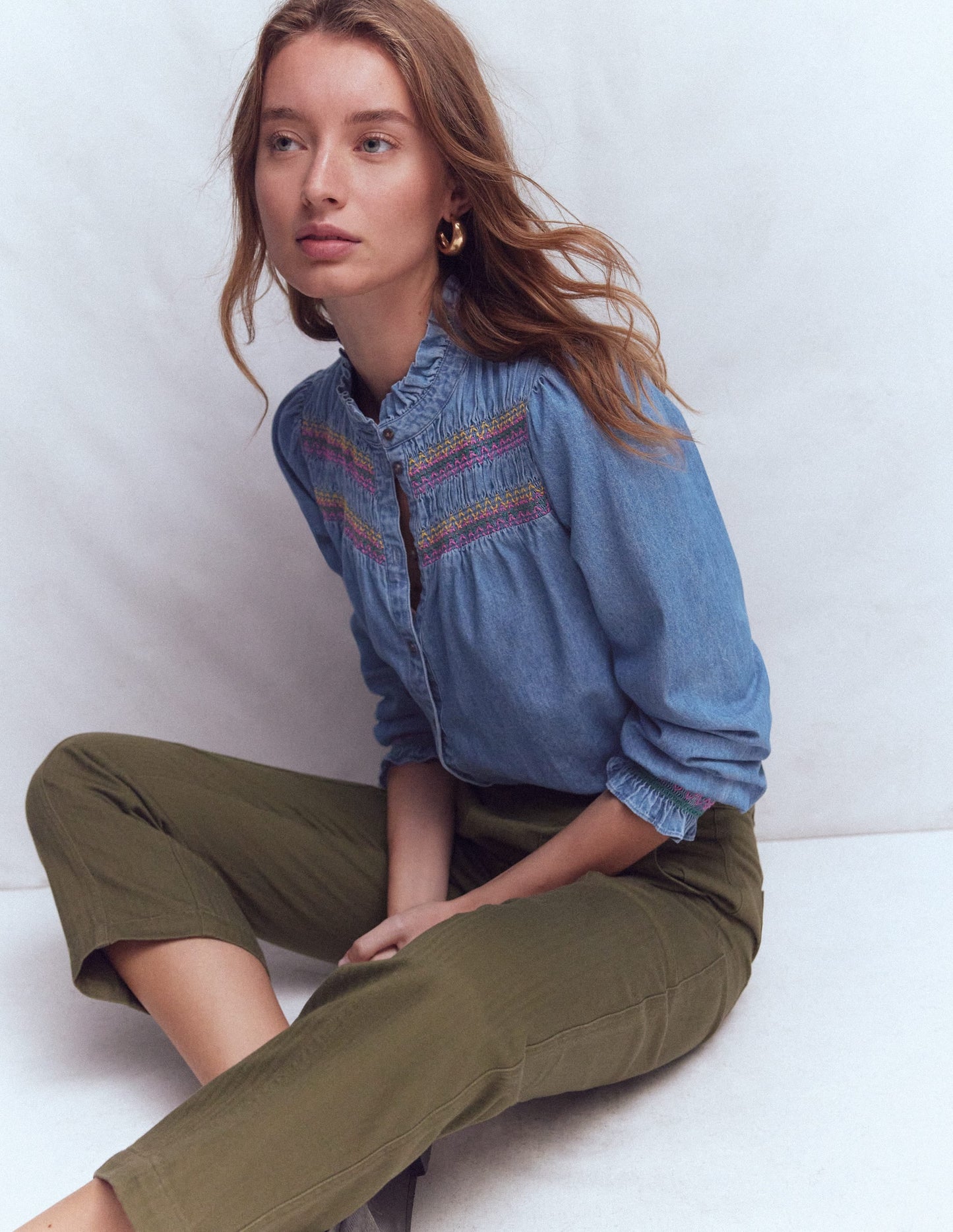 Esme Smocked Denim Frill Top-Light Authentic