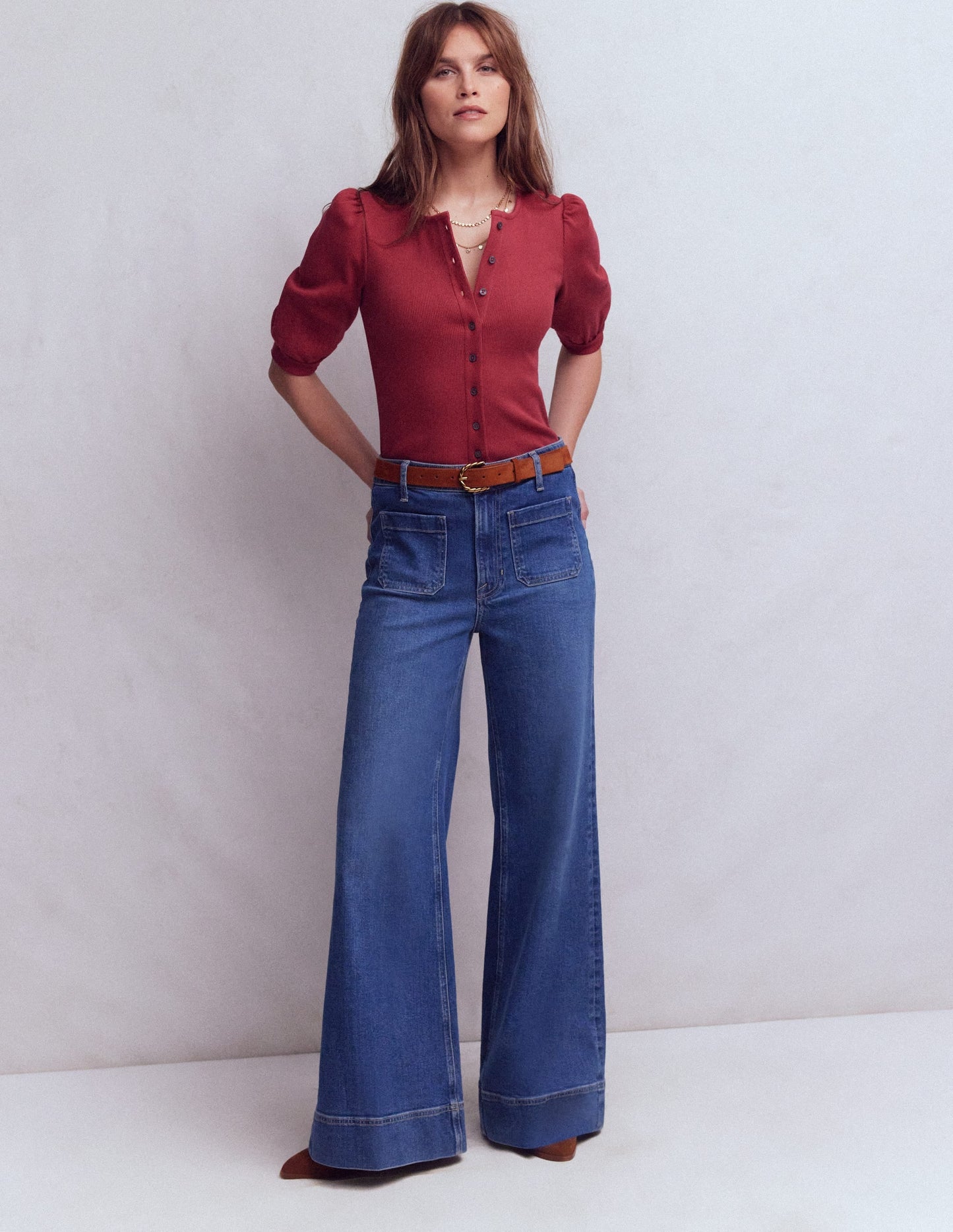 Evie Ribbed Puff Sleeve Top-Terracotta Red