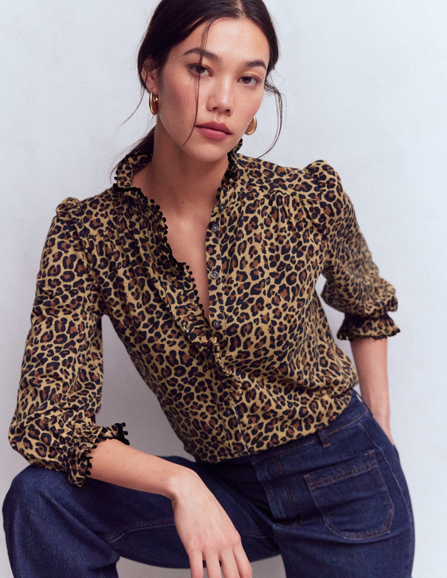 Emily Pom Trim Ruffle Shirt-Cheetah Spot