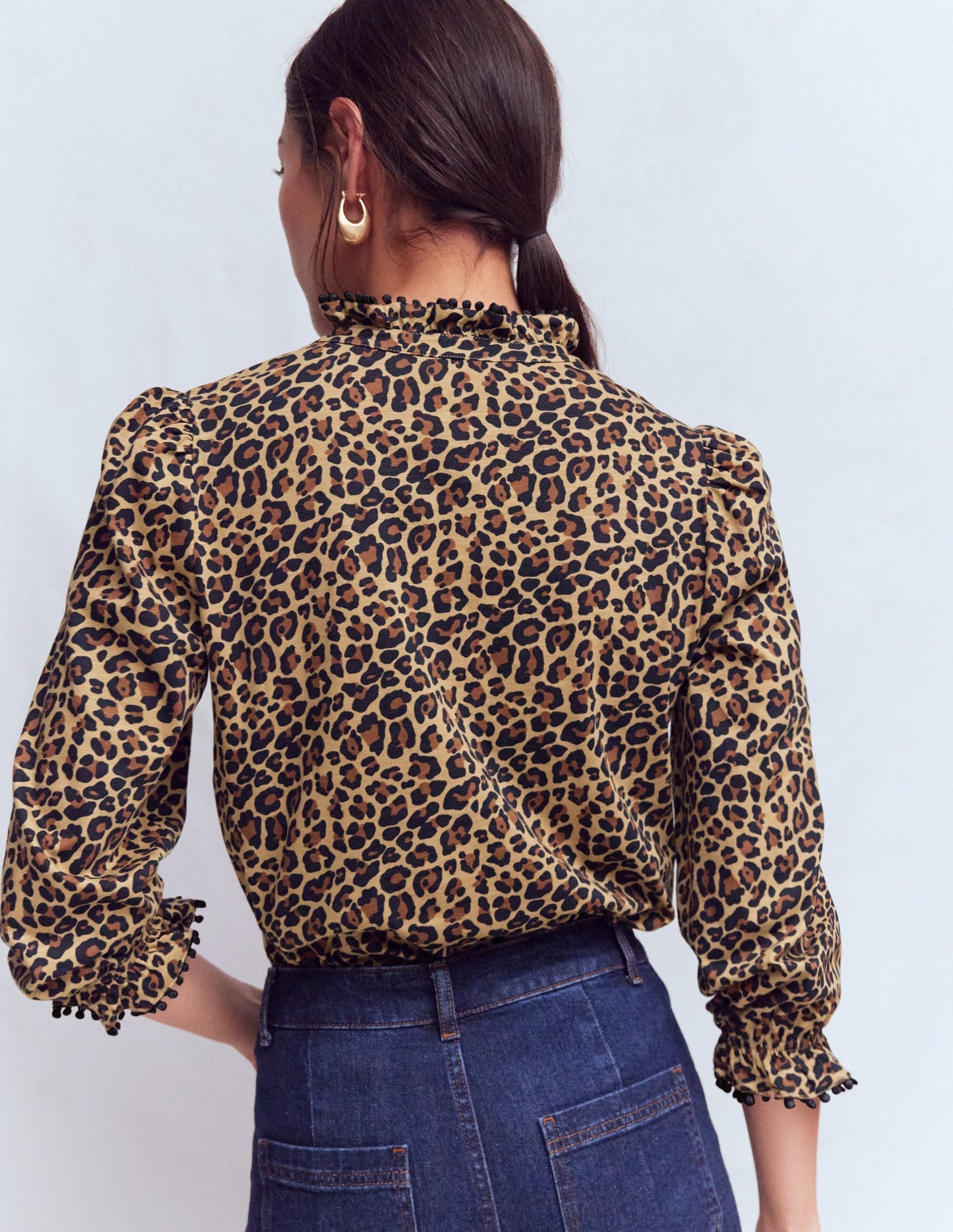 Emily Pom Trim Ruffle Shirt-Cheetah Spot