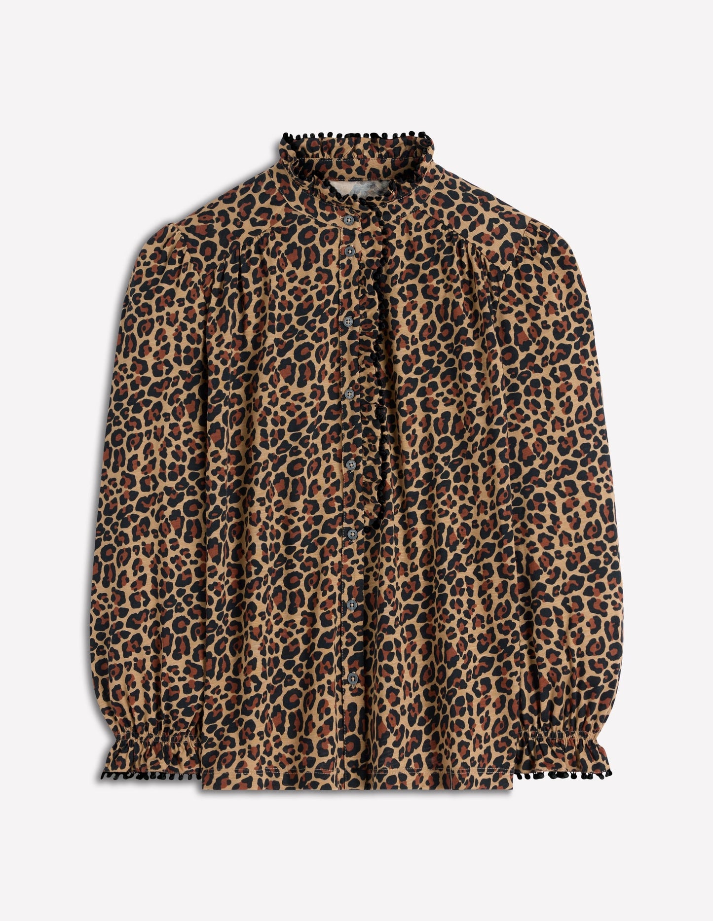 Emily Pom Trim Ruffle Shirt-Cheetah Spot