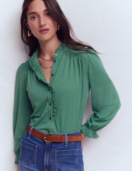 Emily Pom Trim Ruffle Shirt-Deep Jungle