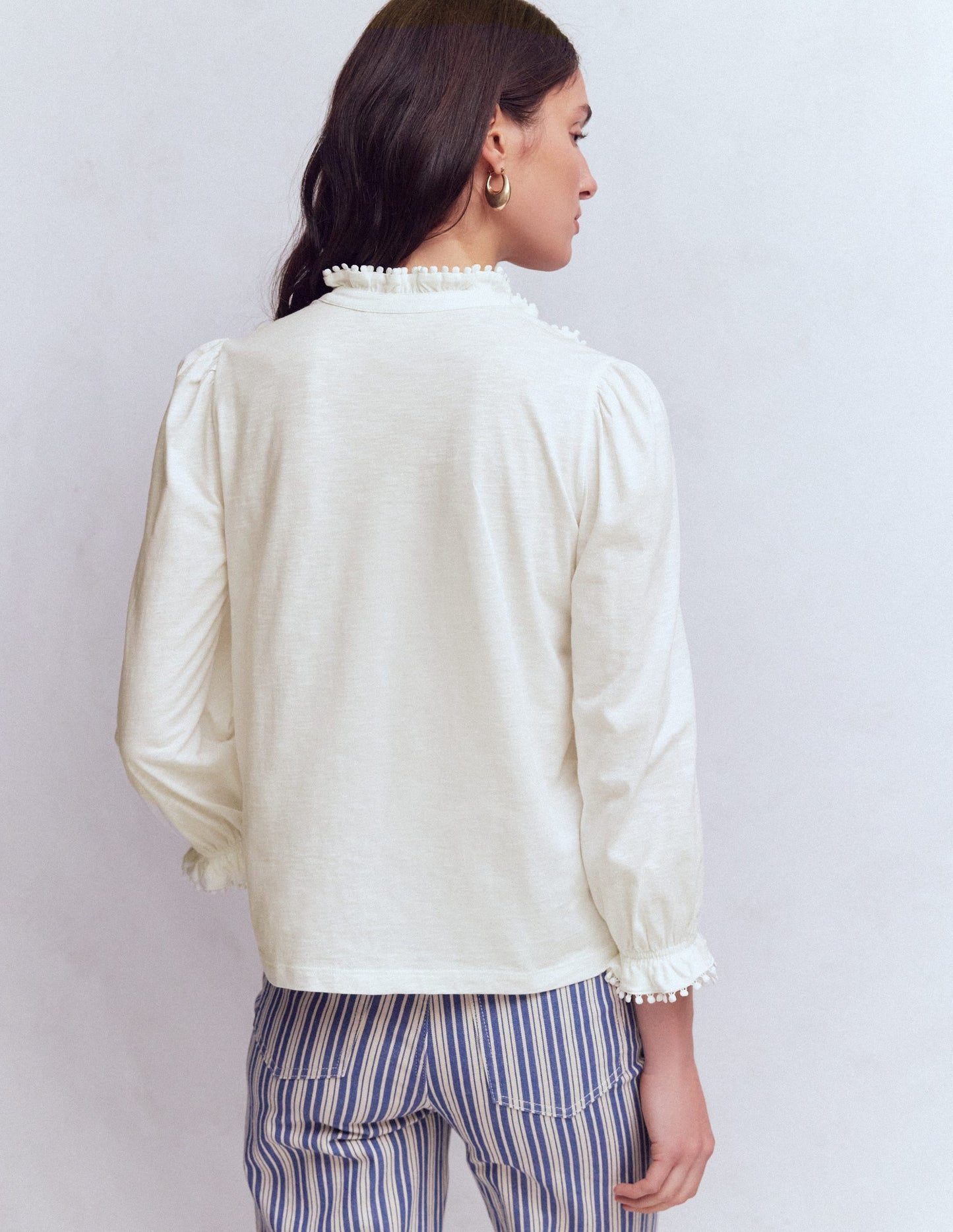 Emily Pom Trim Ruffle Shirt-Ivory
