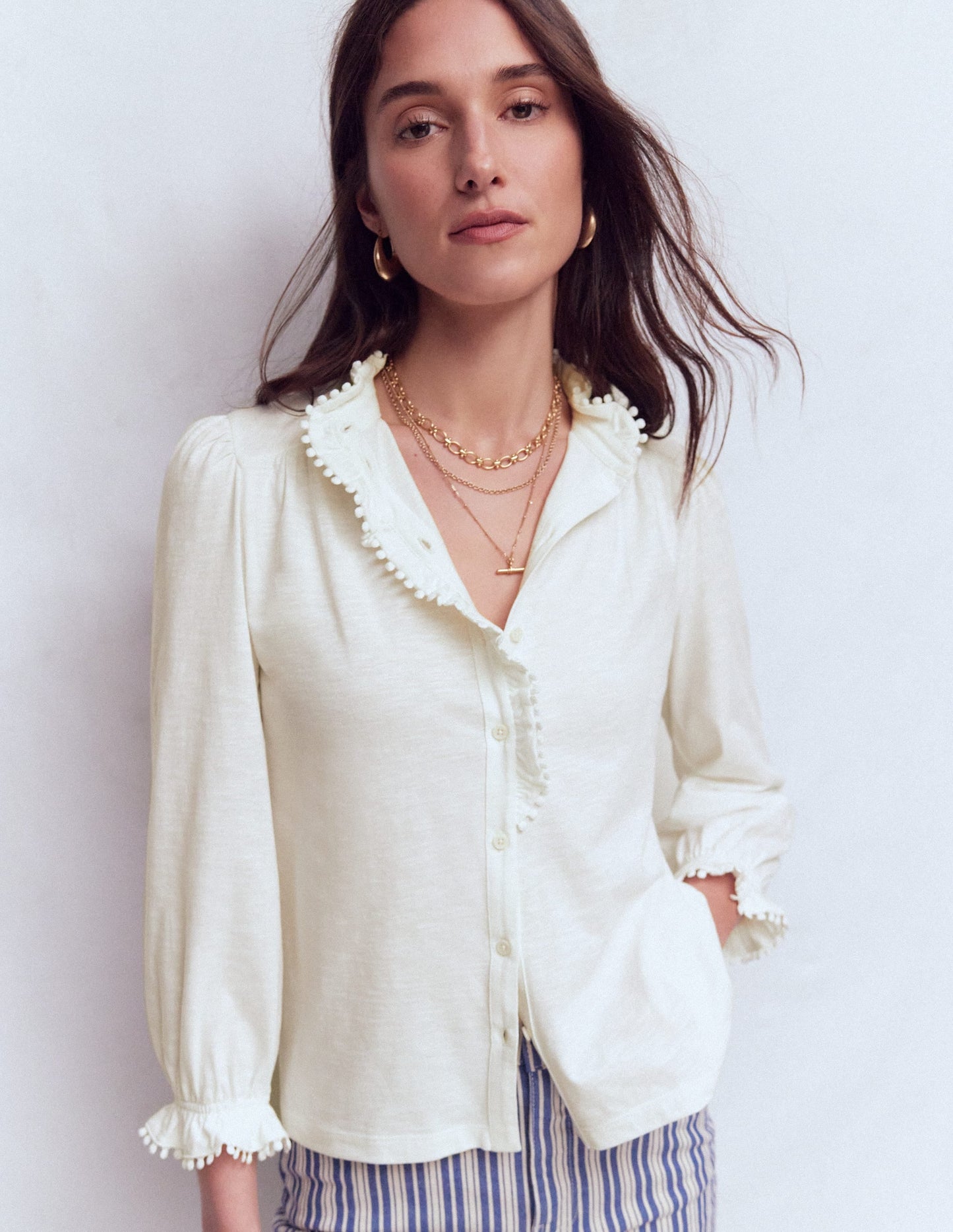Emily Pom Trim Ruffle Shirt-Ivory
