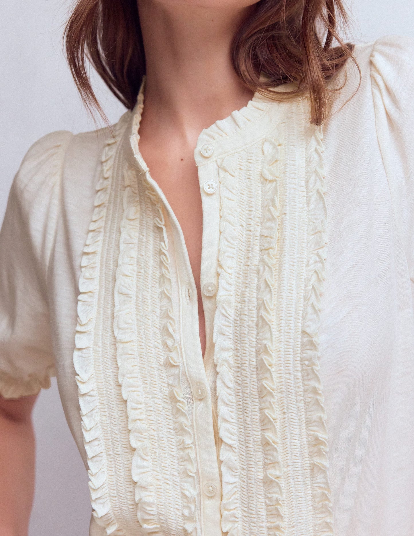 Eda Ruffle Front Shirt-Ivory