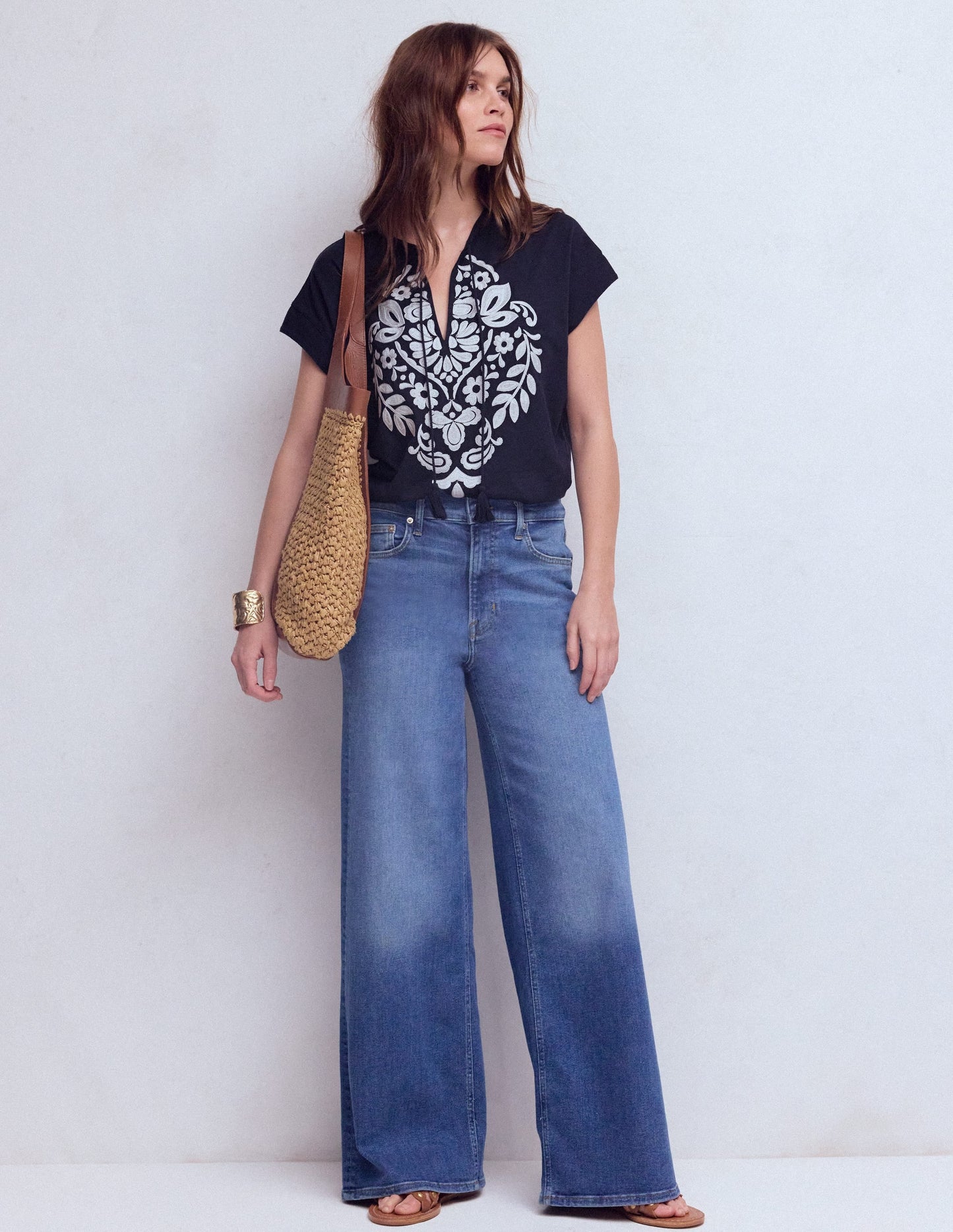 Nina Embroidered Notch T-shirt-Navy Embroidery