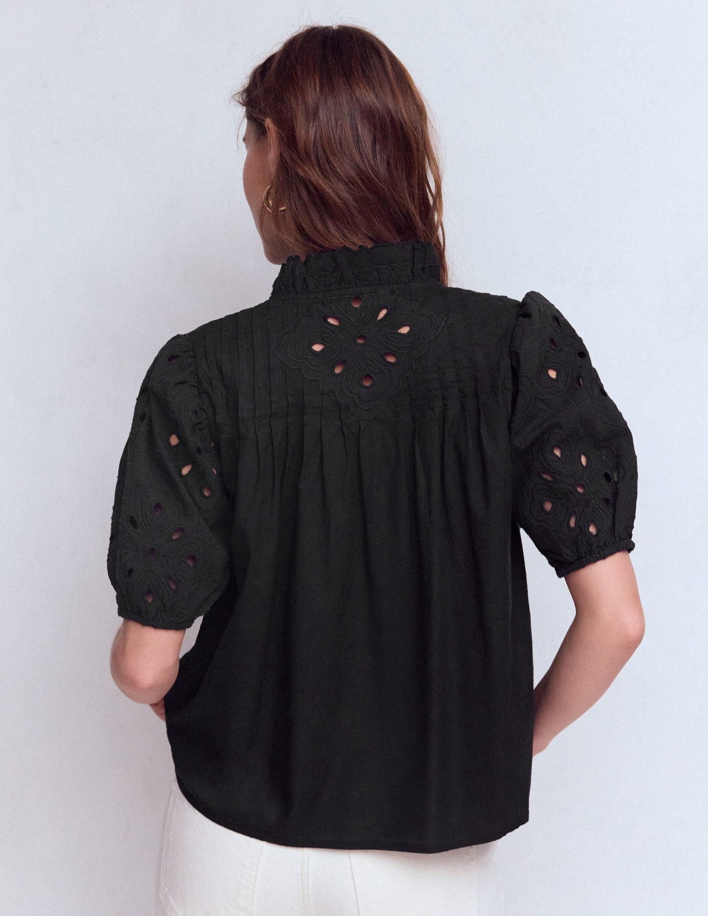 Cutwork Puff Sleeve Top-Black