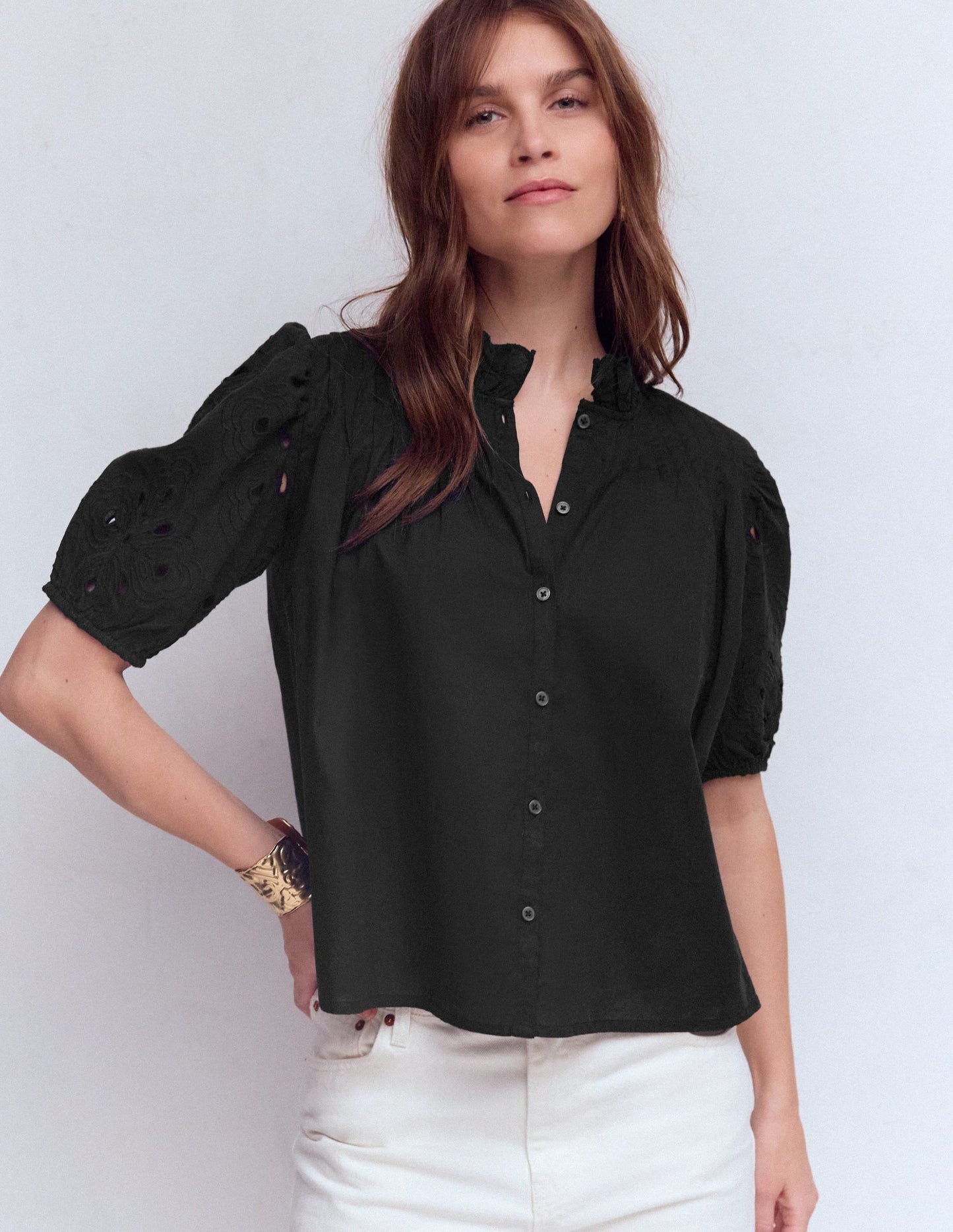Cutwork Puff Sleeve Top-Black