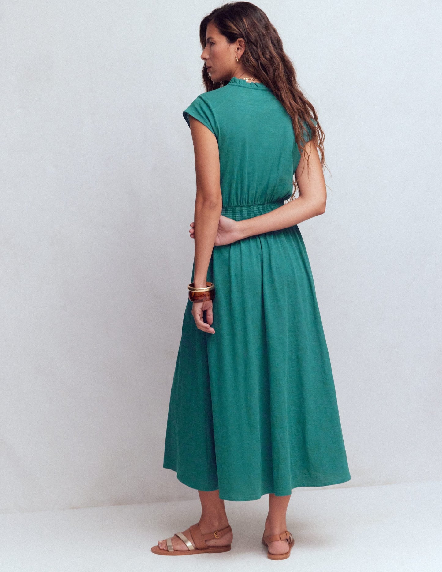 Alba Smocked Jersey Midi Dress-Drake Green